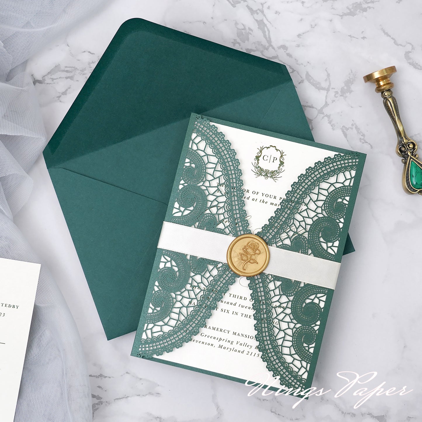 NingsPaper Emerald Green Laser Cut Invitation Cards with Ivory Belly Band and Wax Seal