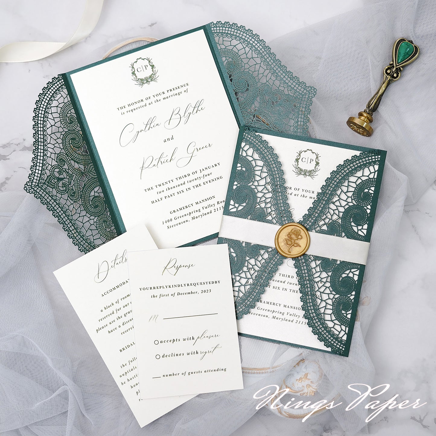 NingsPaper Emerald Green Laser Cut Invitation Cards with Ivory Belly Band and Wax Seal