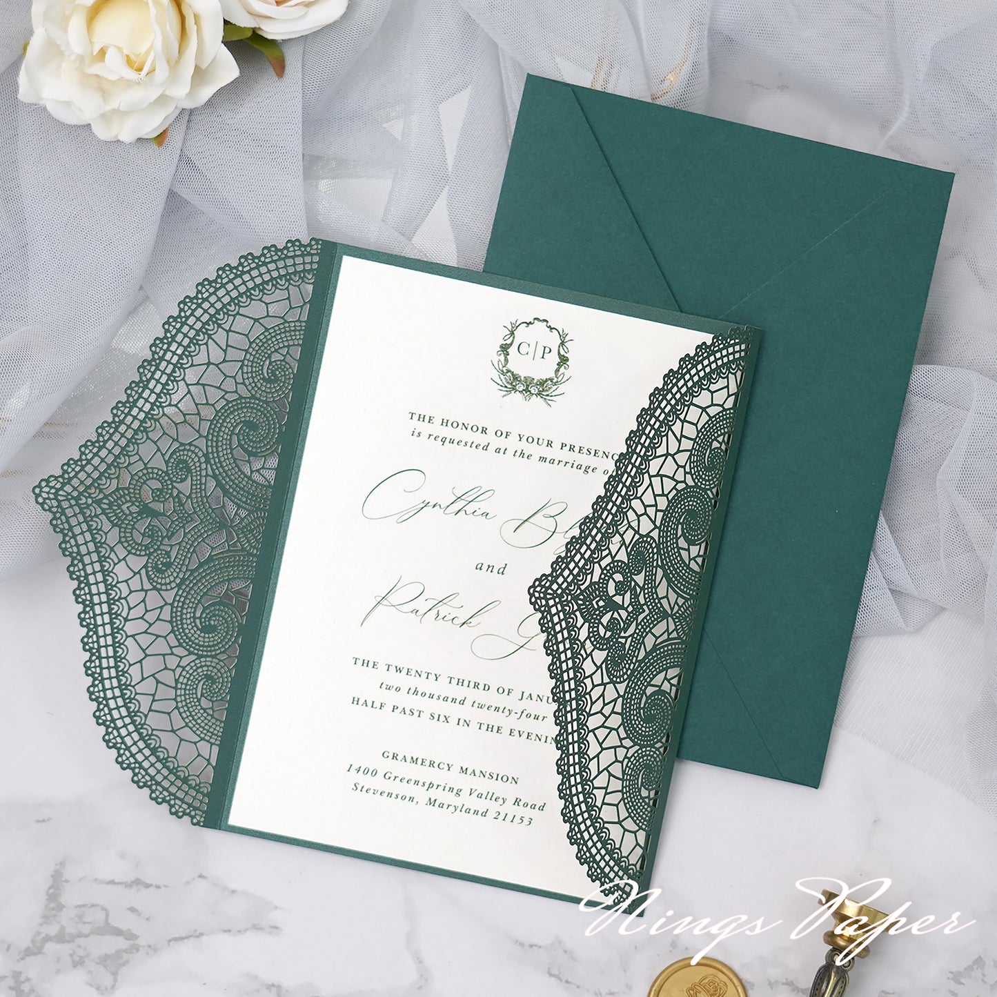 NingsPaper Emerald Green Laser Cut Invitation Cards with Ivory Belly Band and Wax Seal