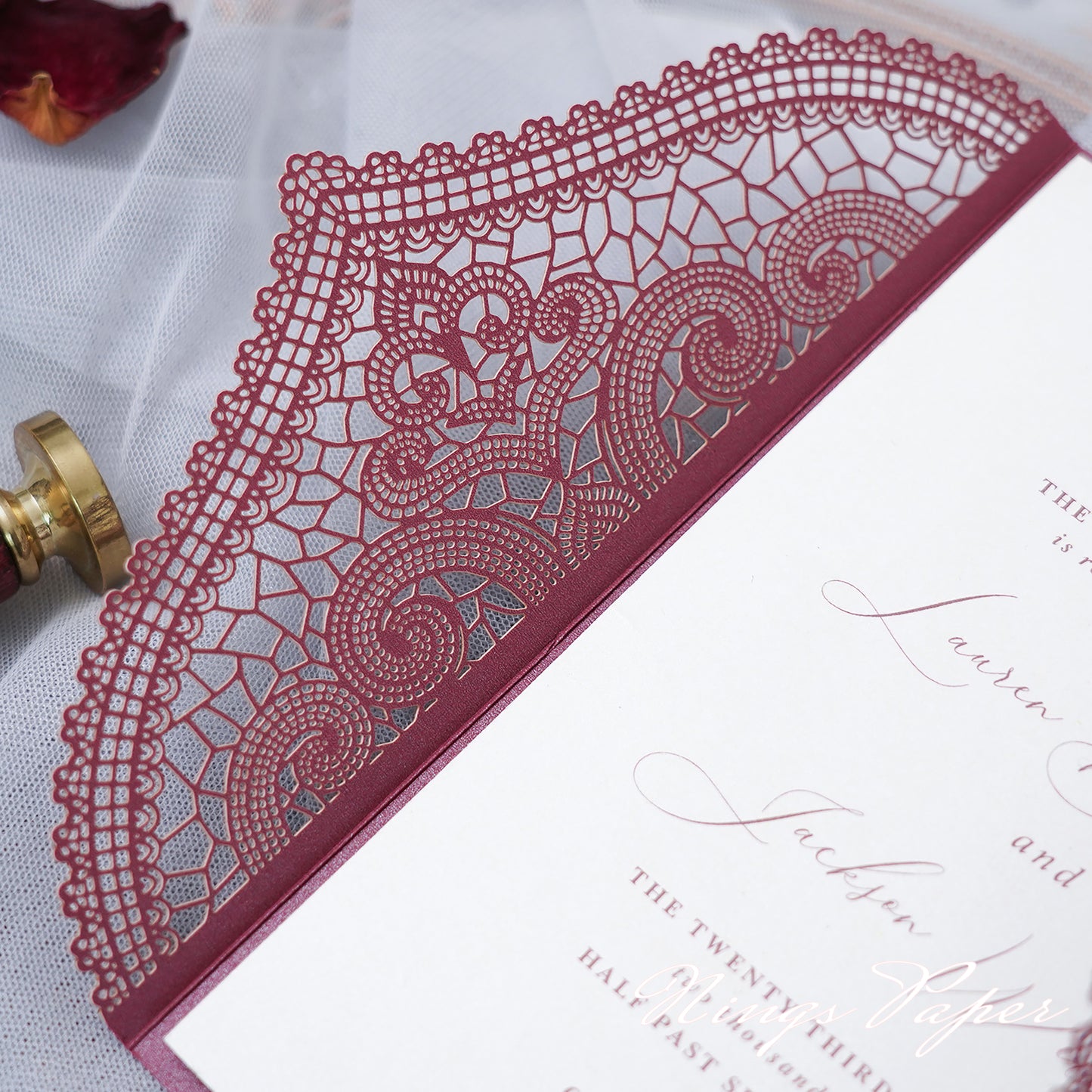 NingsPaper Burgundy Laser Cut Invitation Cards with Ivory Belly Band and Wax Seal