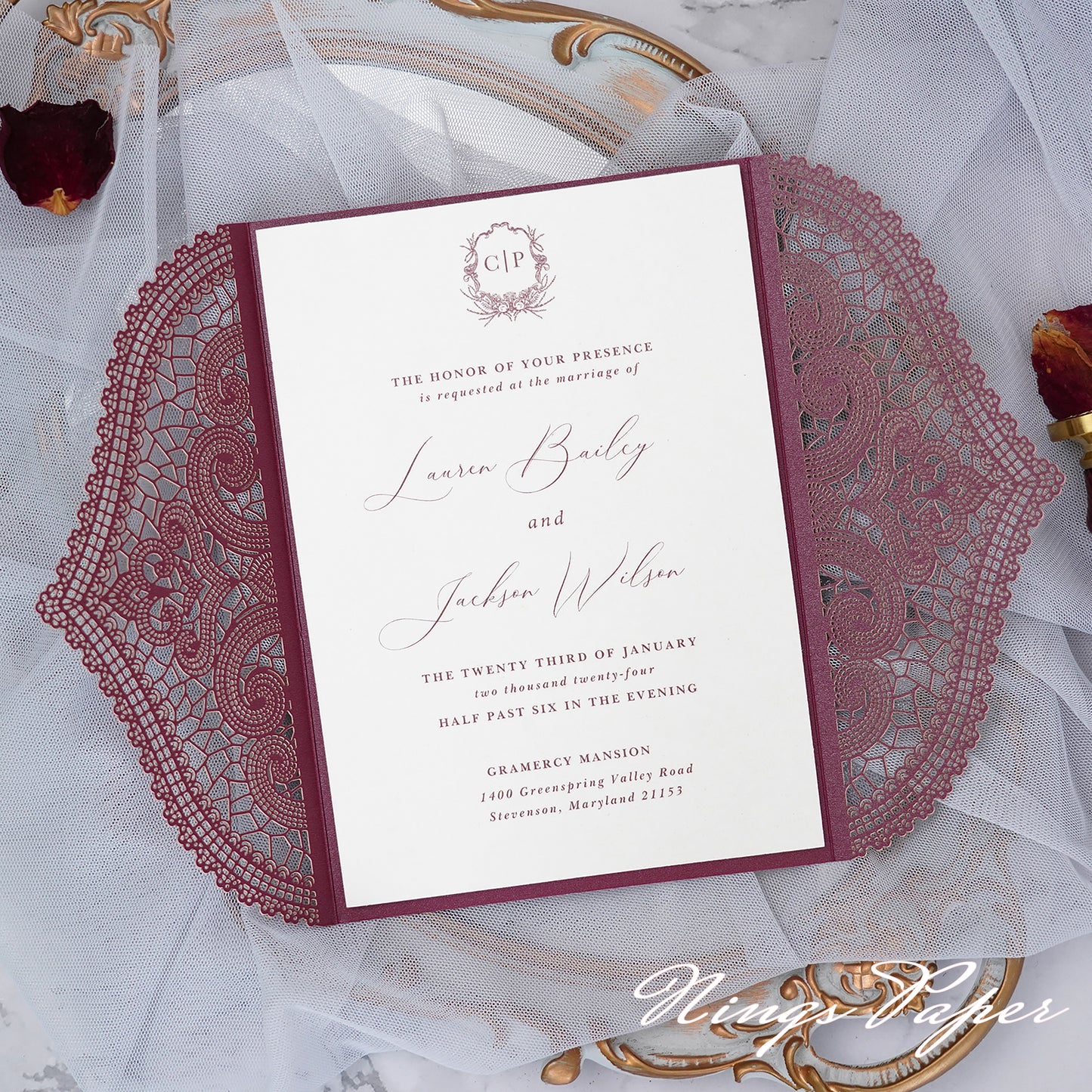 NingsPaper Burgundy Laser Cut Invitation Cards with Ivory Belly Band and Wax Seal