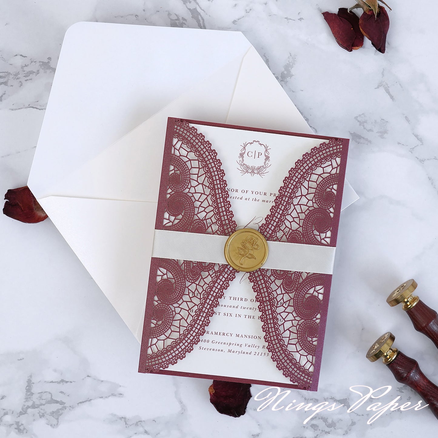 NingsPaper Burgundy Laser Cut Invitation Cards with Ivory Belly Band and Wax Seal