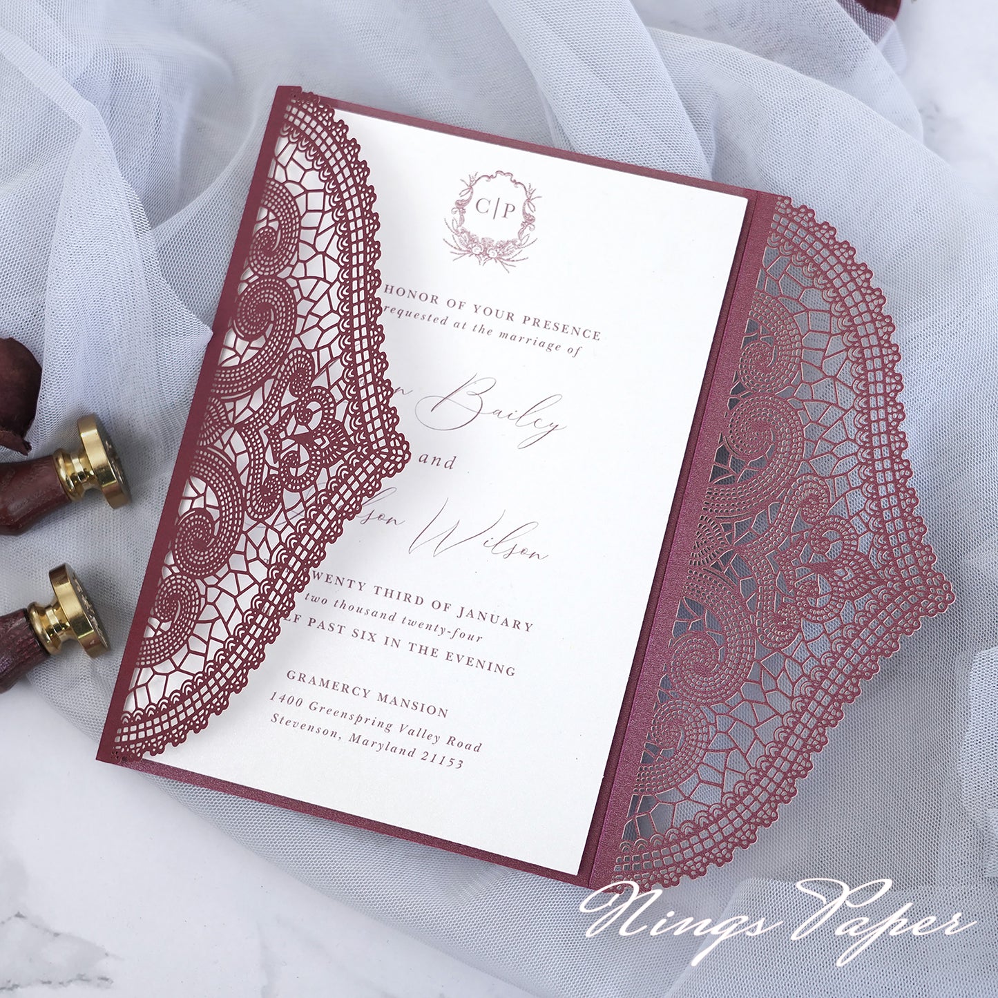 NingsPaper Burgundy Laser Cut Invitation Cards with Ivory Belly Band and Wax Seal