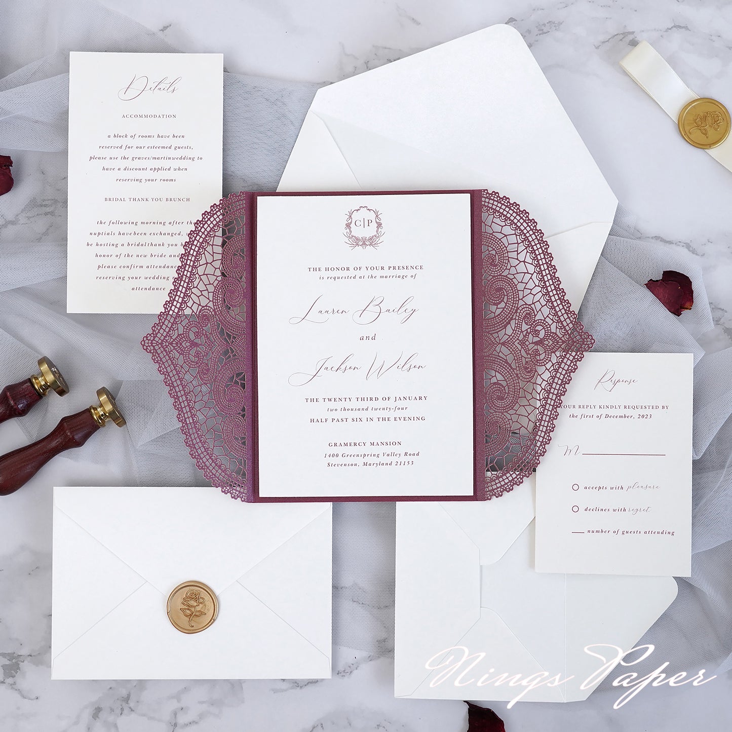 NingsPaper Burgundy Laser Cut Invitation Cards with Ivory Belly Band and Wax Seal