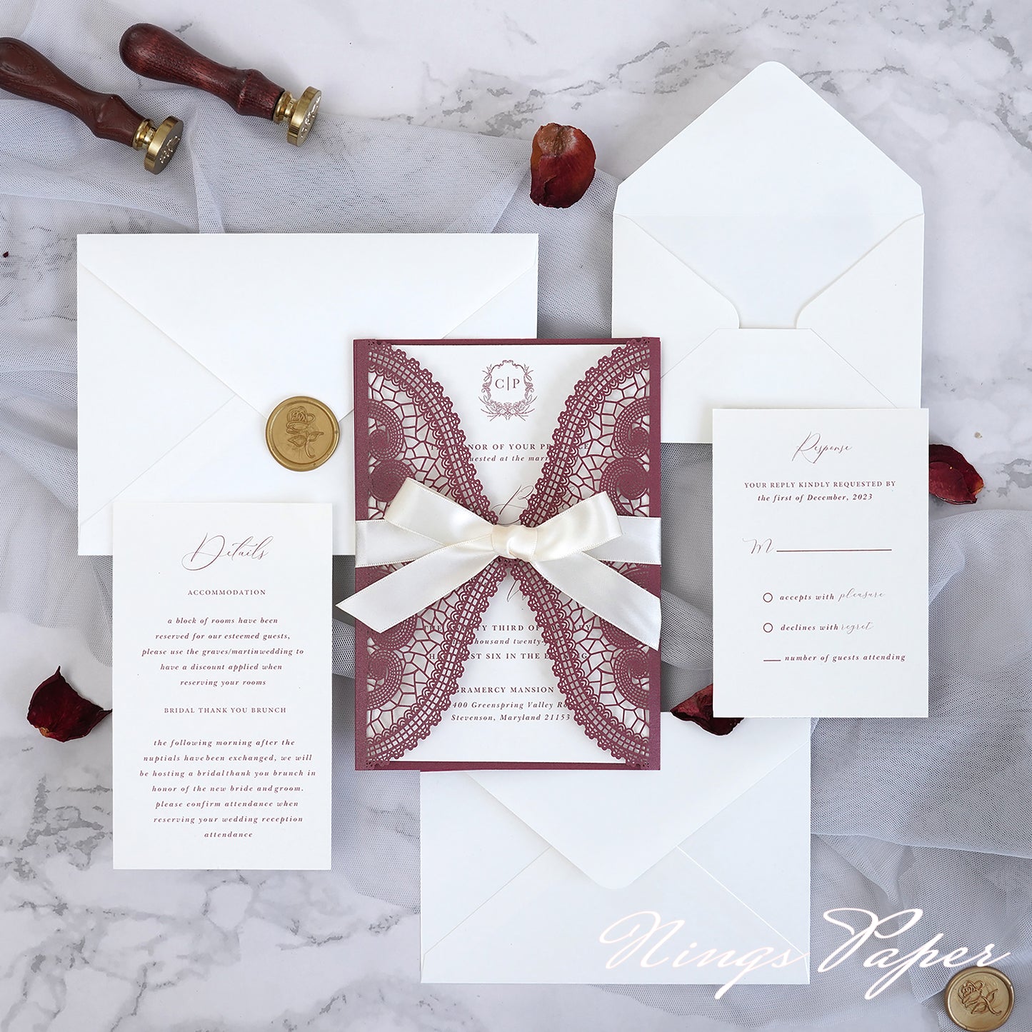 NingsPaper Burgundy Laser Cut Invitation Cards with Ivory Belly Band and Wax Seal