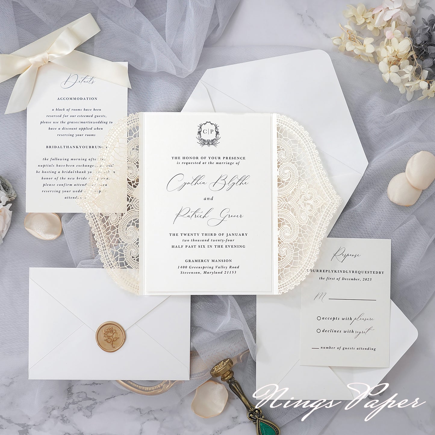 NingsPaper Ivory Laser Cut Invitation Cards with Ivory Belly Band and Wax Seal