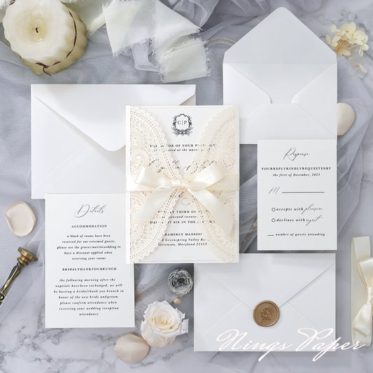 NingsPaper Ivory Laser Cut Invitation Cards with Ivory Belly Band and Wax Seal