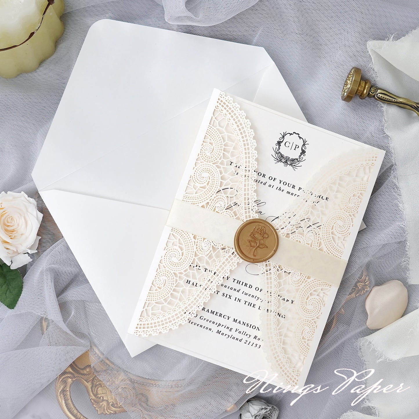 NingsPaper Ivory Laser Cut Invitation Cards with Ivory Belly Band and Wax Seal