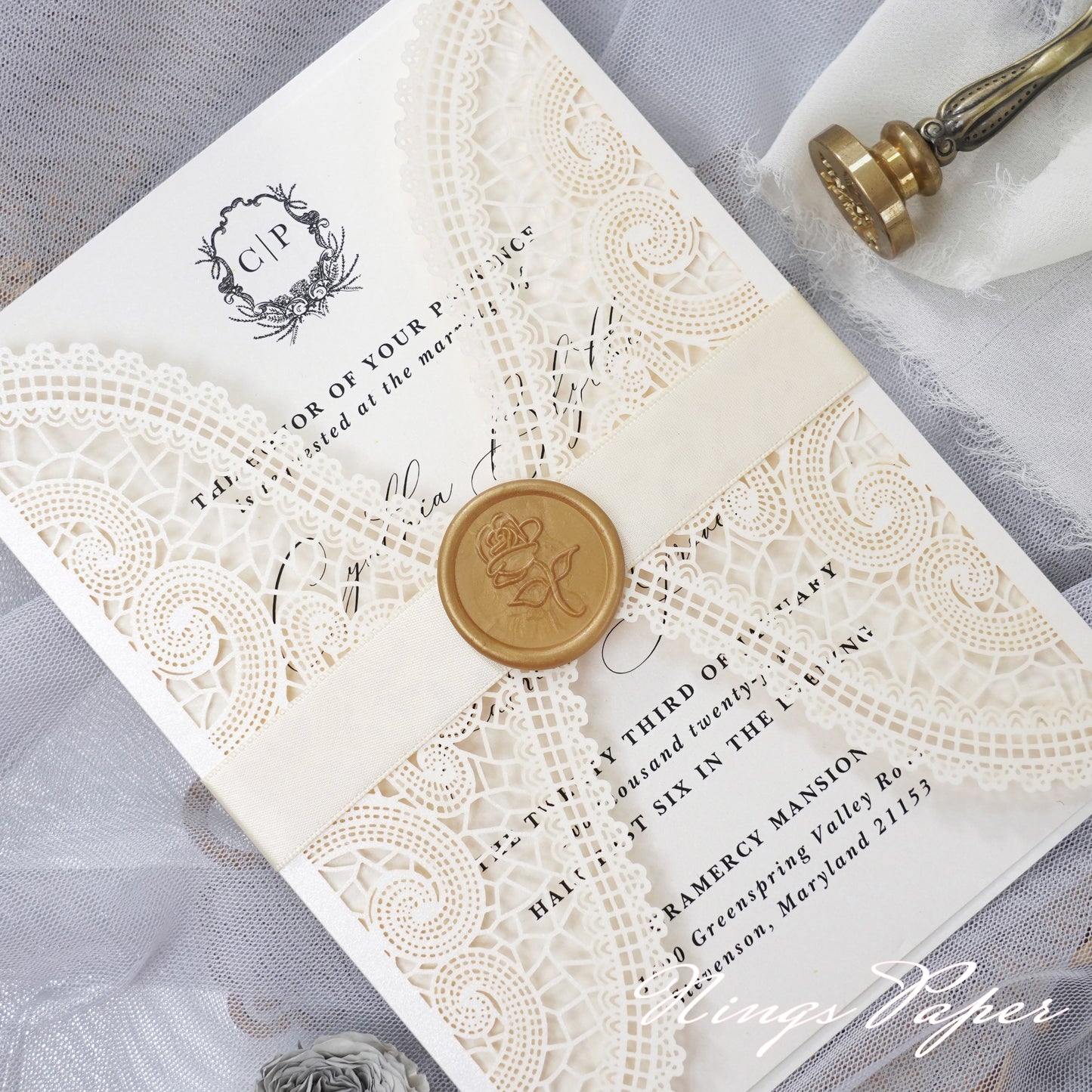 NingsPaper Ivory Laser Cut Invitation Cards with Ivory Belly Band and Wax Seal