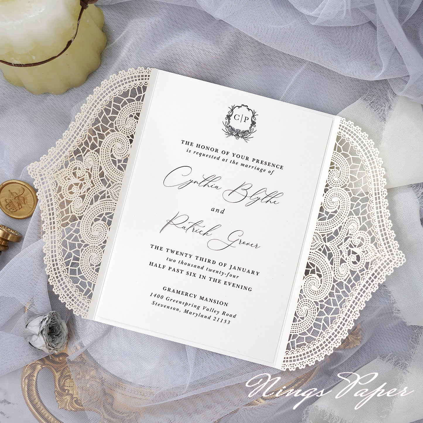 NingsPaper Ivory Laser Cut Invitation Cards with Ivory Belly Band and Wax Seal