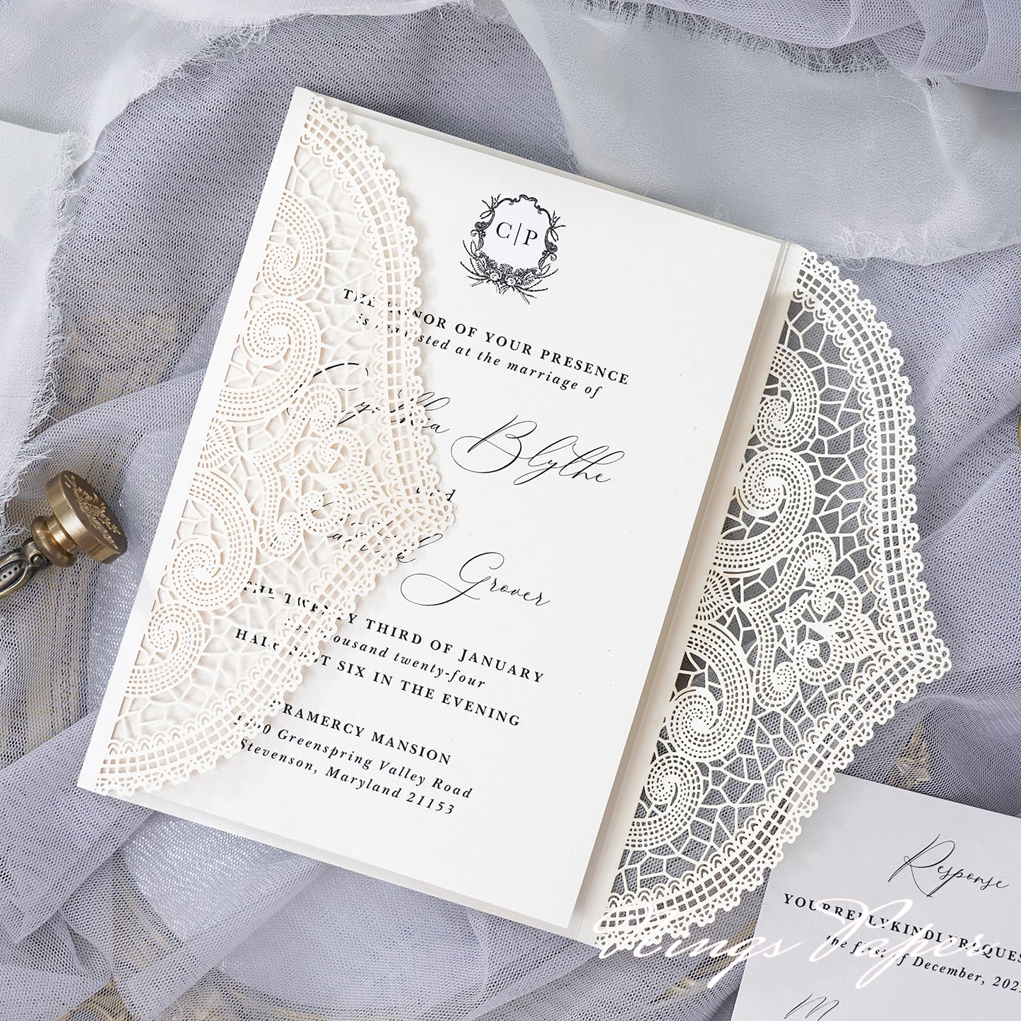 NingsPaper Ivory Laser Cut Invitation Cards with Ivory Belly Band and Wax Seal