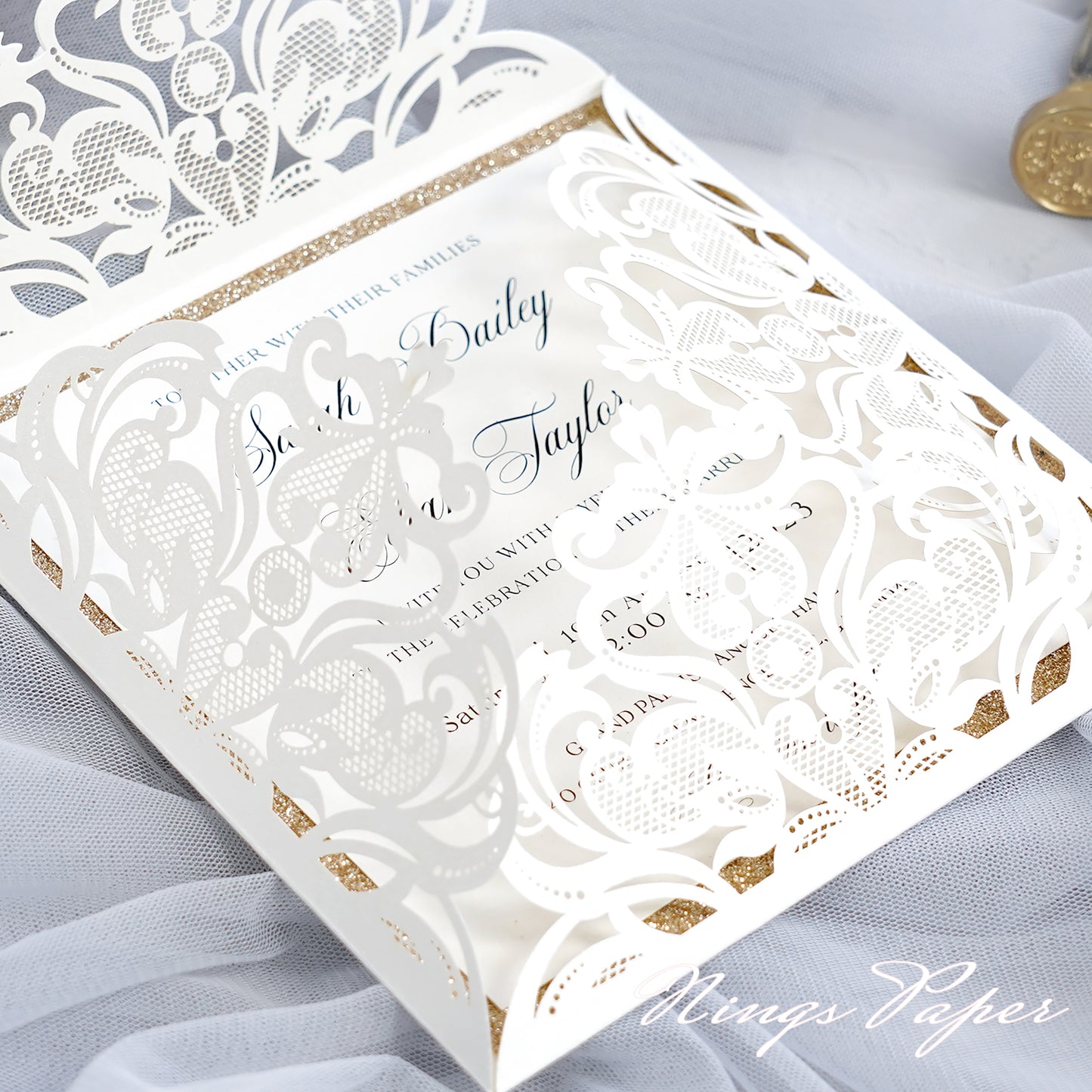 Gorgeous Ivory Laser Cut Wedding Invites Pocket with Glitter Backer and Glitterring Belly Band