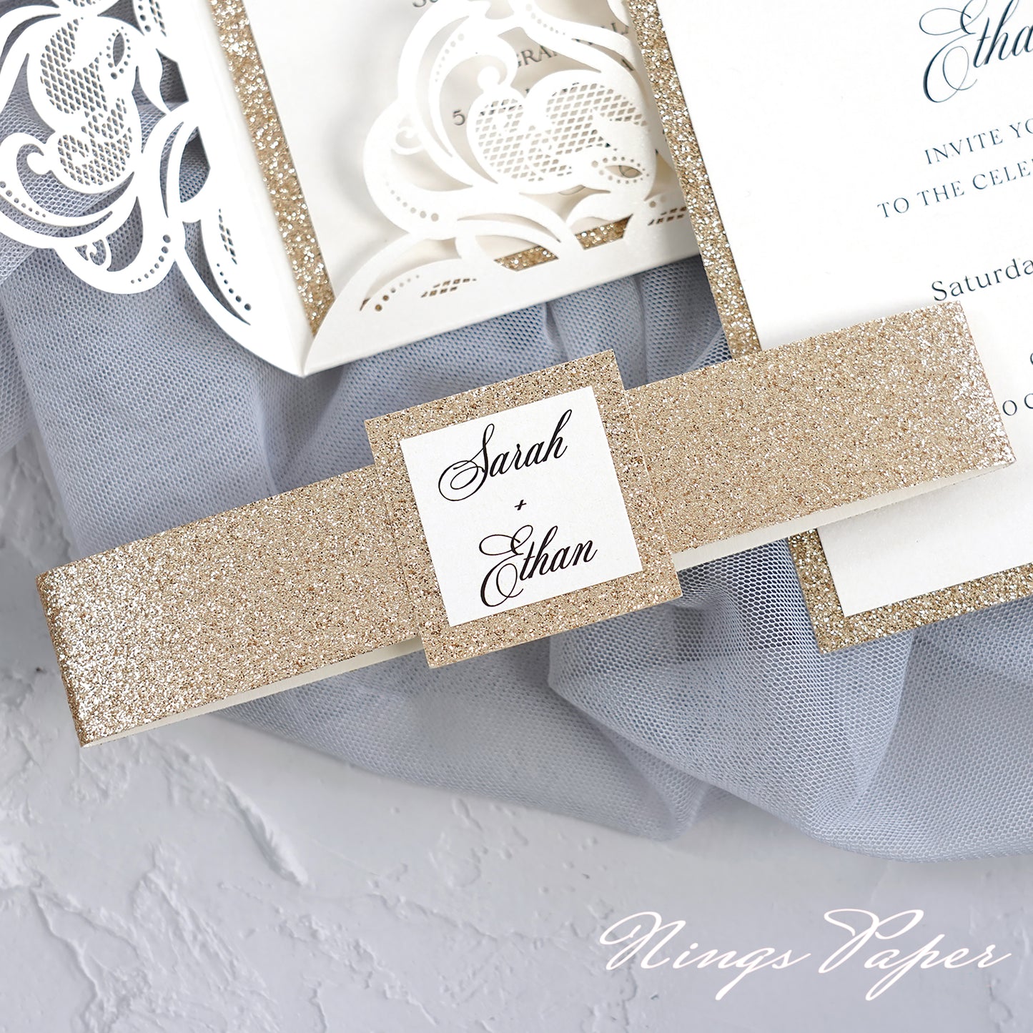 Gorgeous Ivory Laser Cut Wedding Invites Pocket with Glitter Backer and Glitterring Belly Band