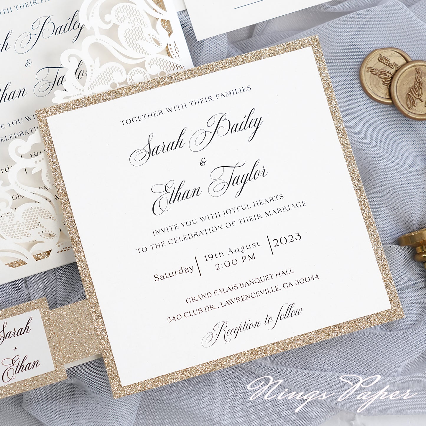 Gorgeous Ivory Laser Cut Wedding Invites Pocket with Glitter Backer and Glitterring Belly Band