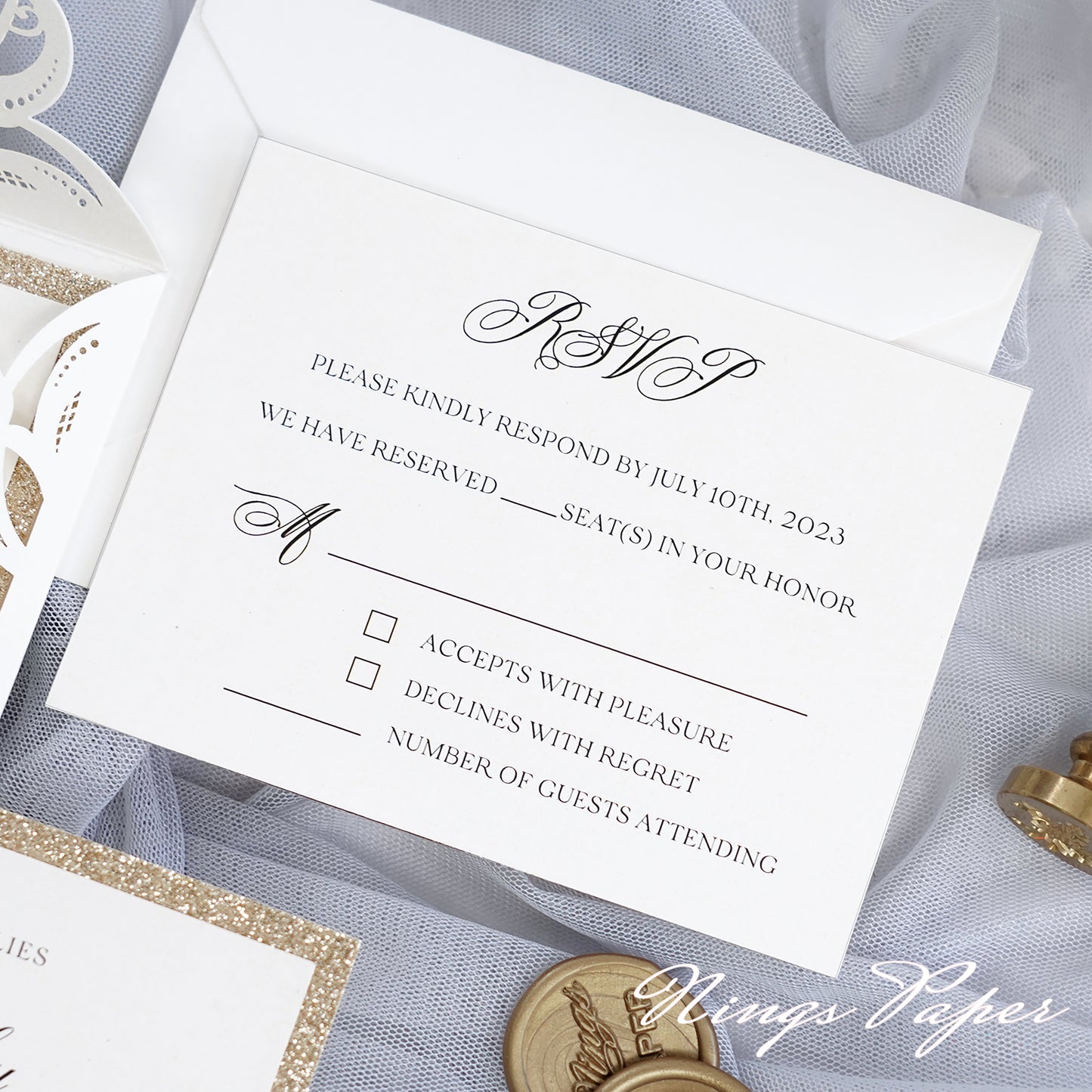 Gorgeous Ivory Laser Cut Wedding Invites Pocket with Glitter Backer and Glitterring Belly Band