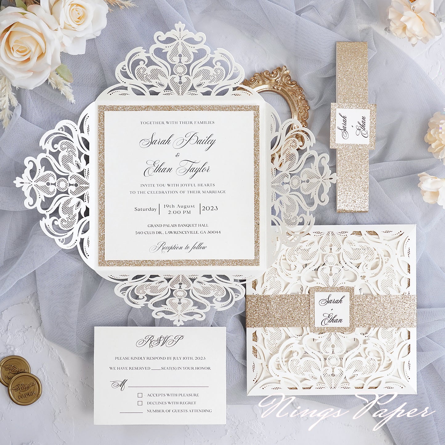 Gorgeous Ivory Laser Cut Wedding Invites Pocket with Glitter Backer and Glitterring Belly Band