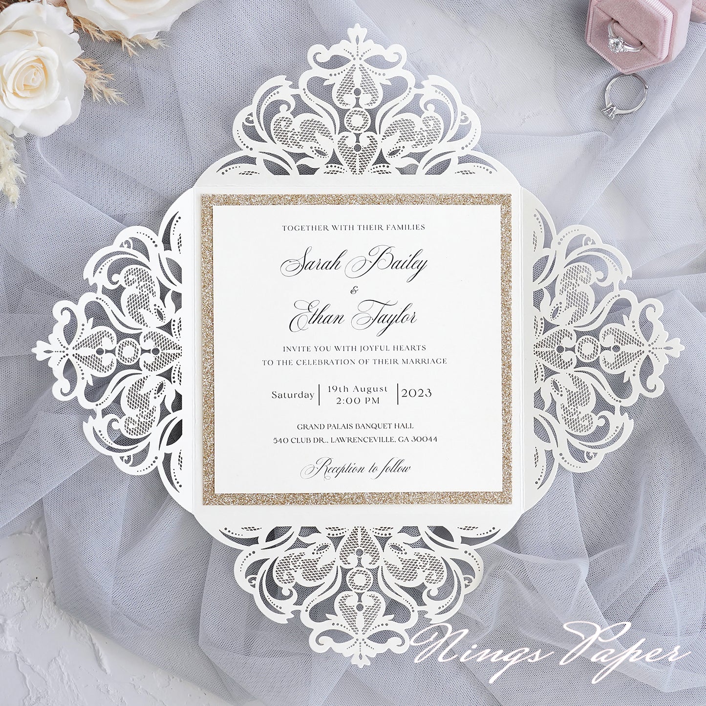 Gorgeous Ivory Laser Cut Wedding Invites Pocket with Glitter Backer and Glitterring Belly Band