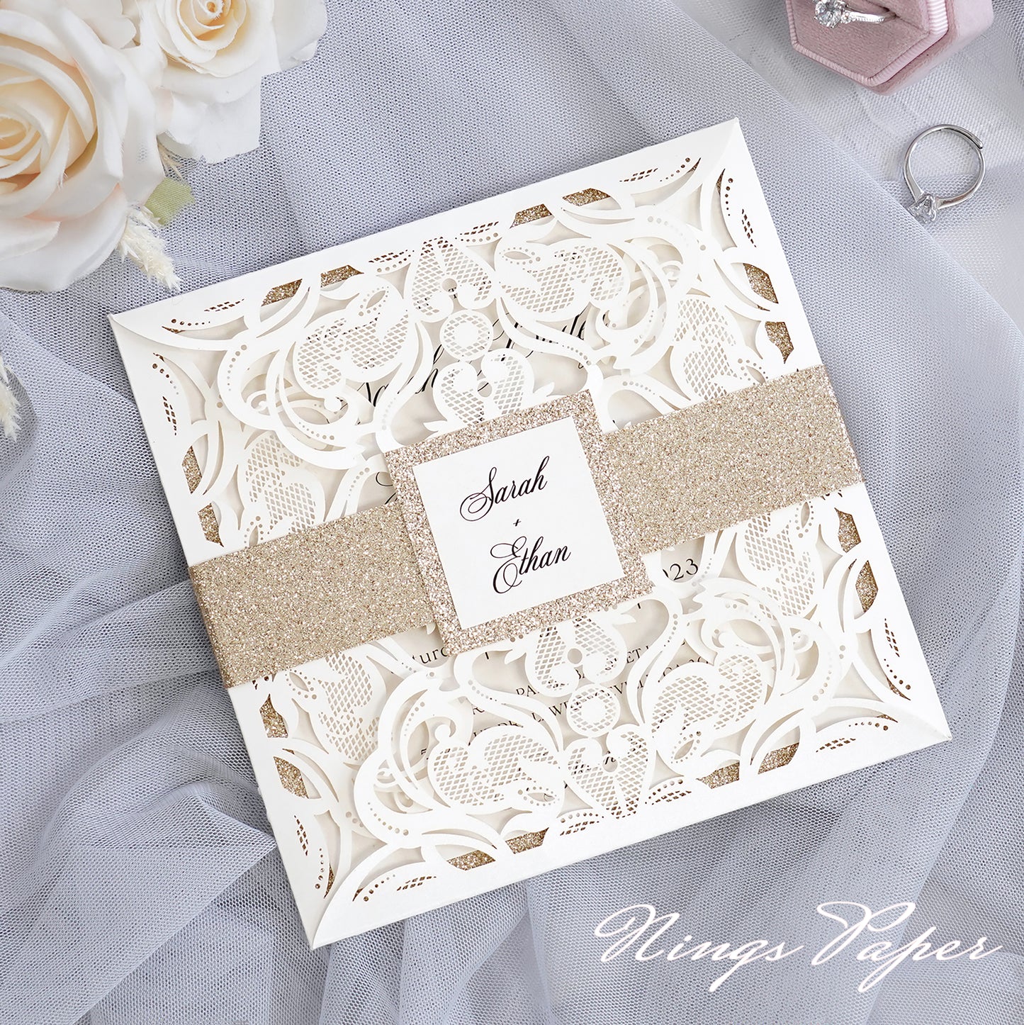 Gorgeous Ivory Laser Cut Wedding Invites Pocket with Glitter Backer and Glitterring Belly Band