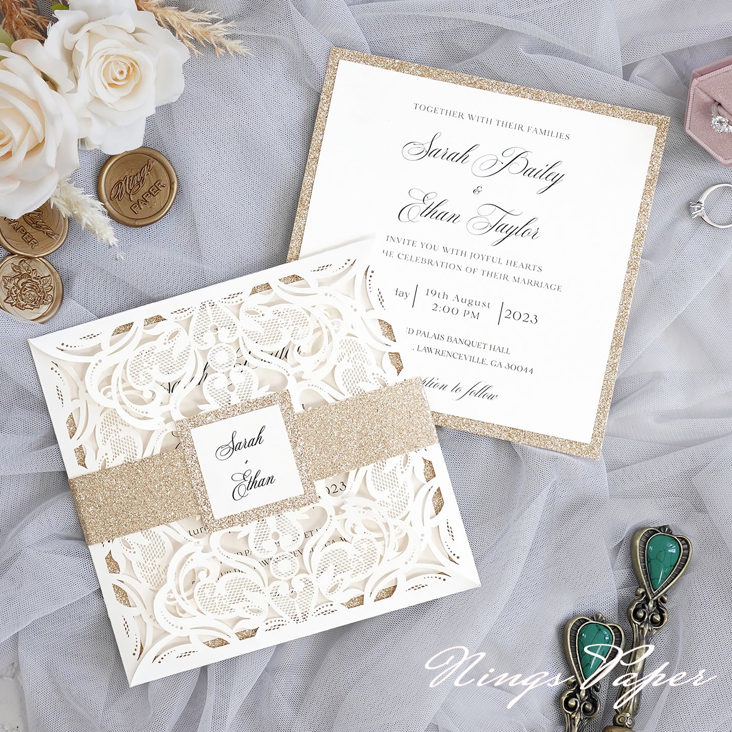 Gorgeous Ivory Laser Cut Wedding Invites Pocket with Glitter Backer and Glitterring Belly Band