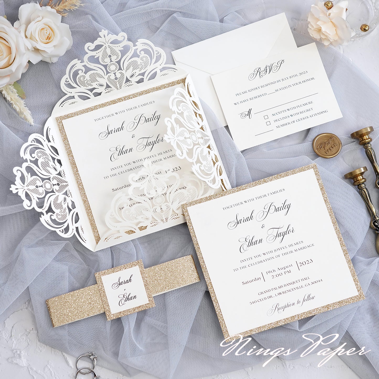 Gorgeous Ivory Laser Cut Wedding Invites Pocket with Glitter Backer and Glitterring Belly Band