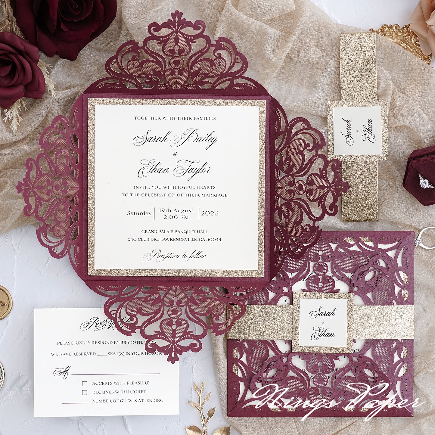 Gorgeous Burgundy Shimmer Laser Cut Wedding Invites Pocket with Glitter Backer and Glitterring Belly Band