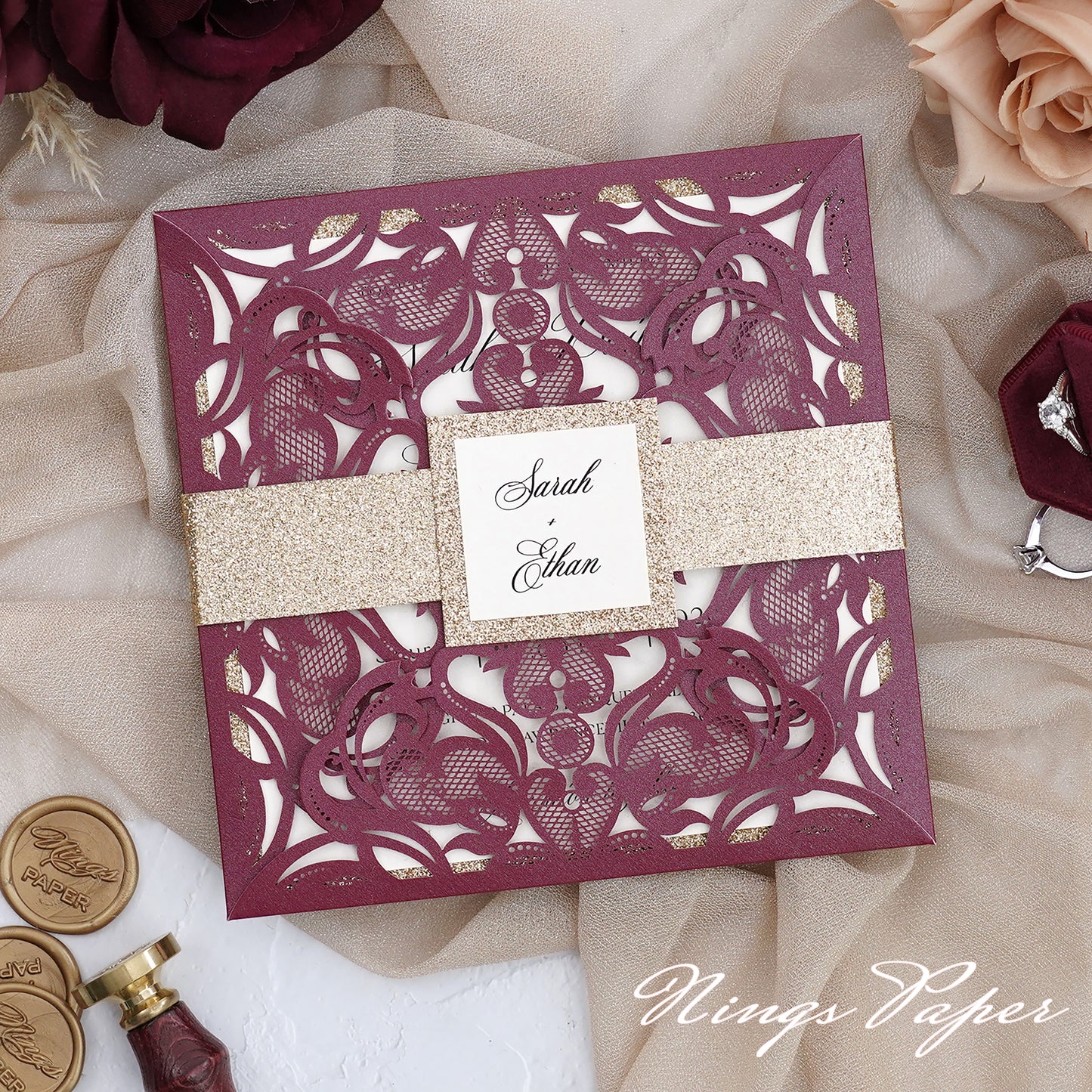 Gorgeous Burgundy Shimmer Laser Cut Wedding Invites Pocket with Glitter Backer and Glitterring Belly Band