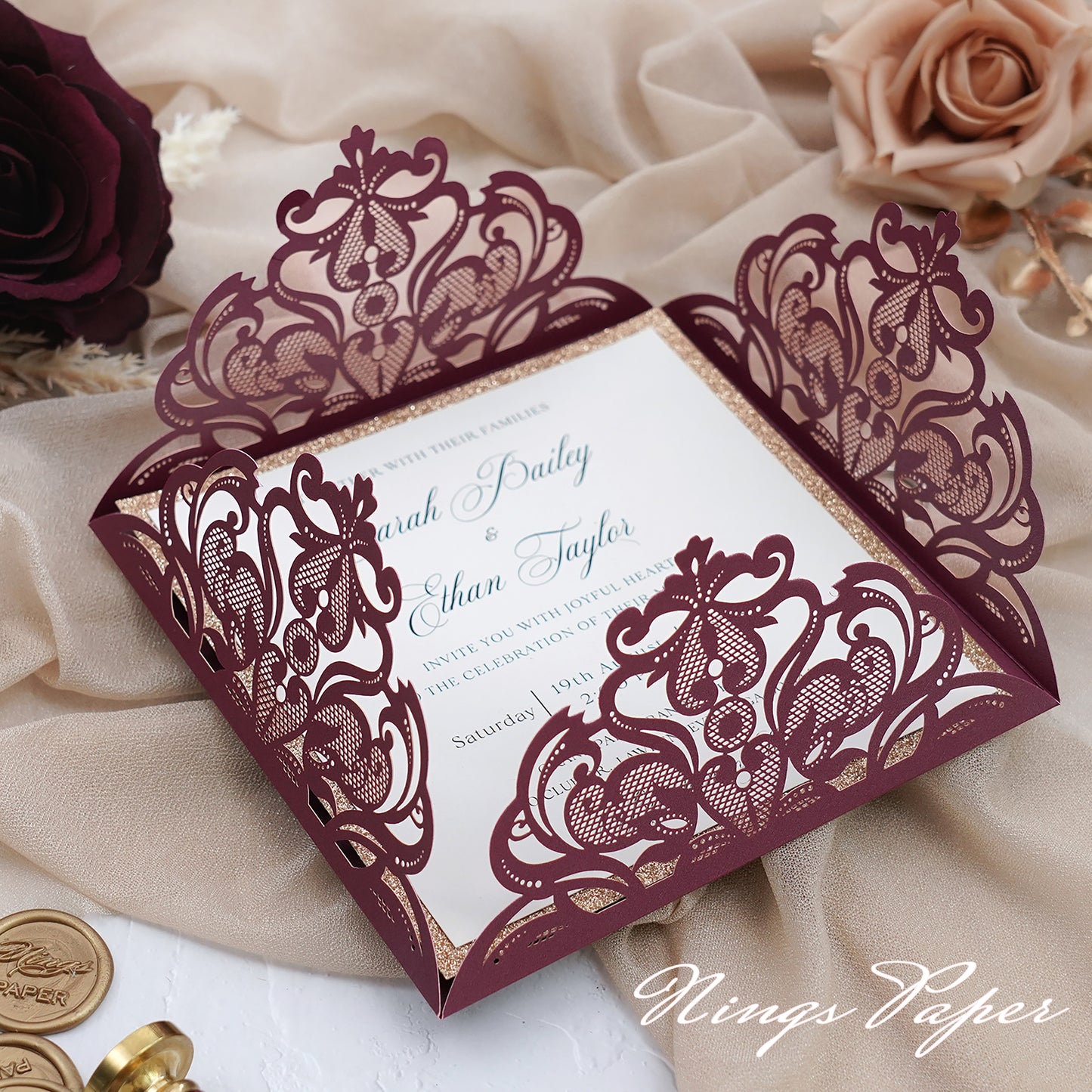 Gorgeous Burgundy Shimmer Laser Cut Wedding Invites Pocket with Glitter Backer and Glitterring Belly Band