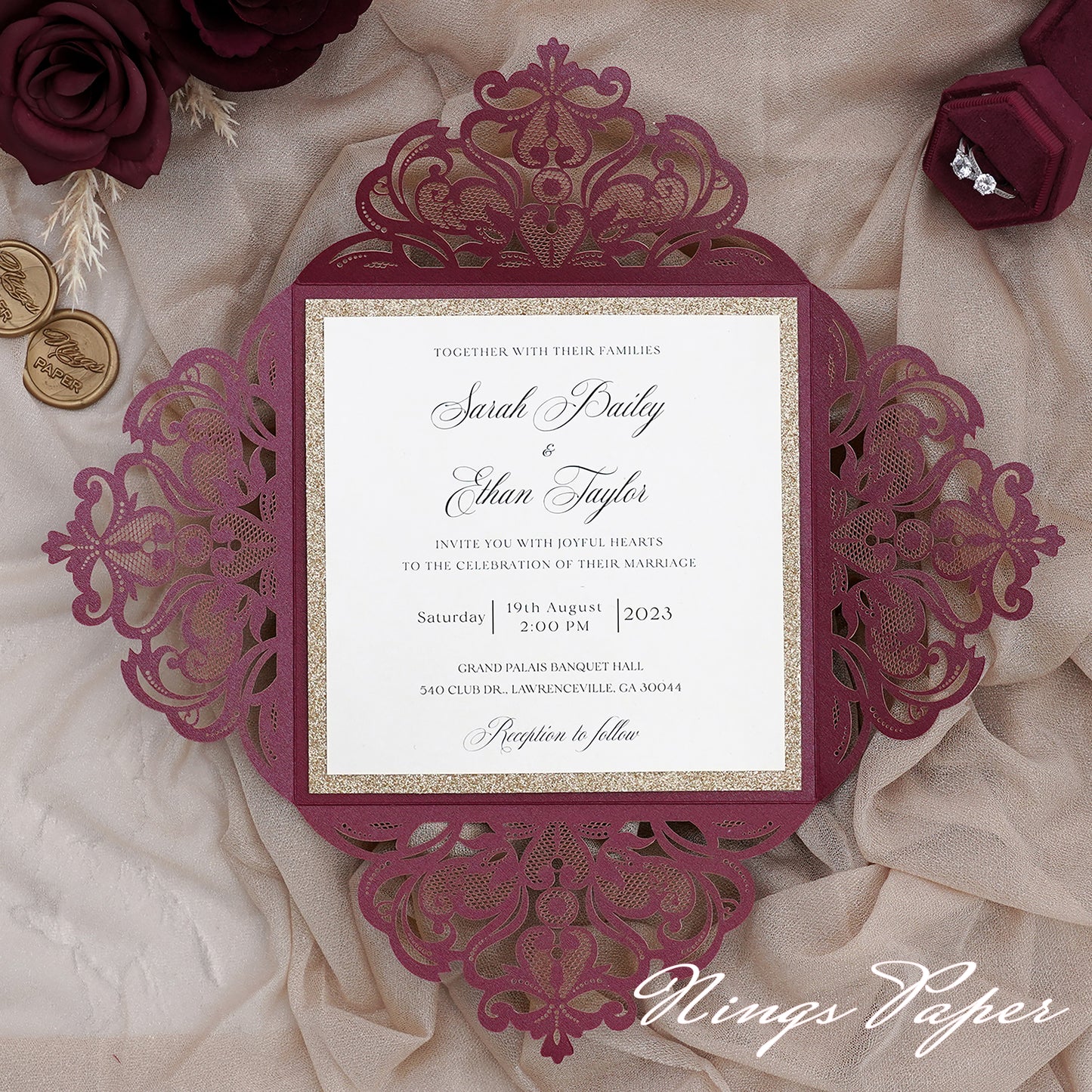 Gorgeous Burgundy Shimmer Laser Cut Wedding Invites Pocket with Glitter Backer and Glitterring Belly Band