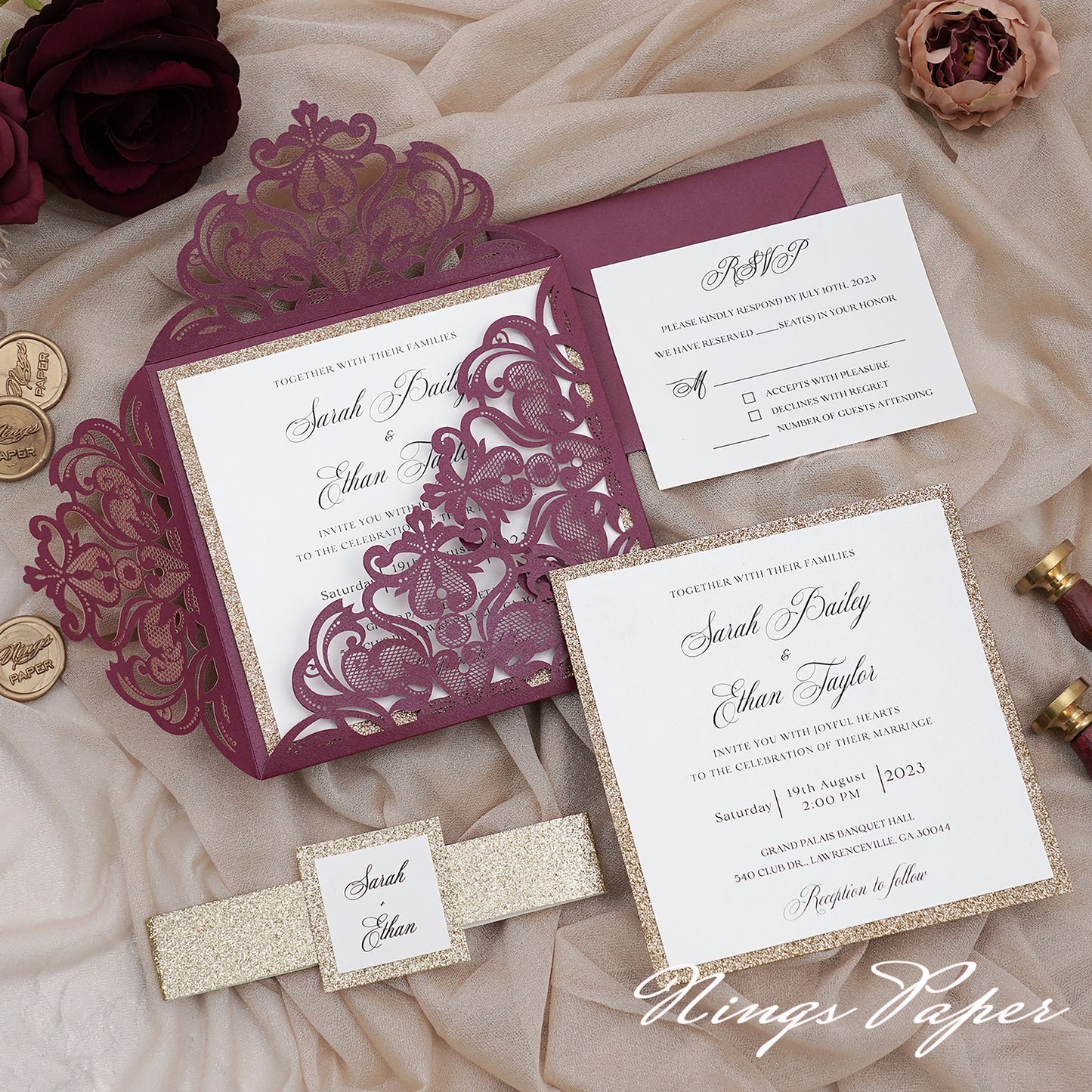 Gorgeous Shimmer Laser Cut Wedding Invites Pocket with Glitter Backer and Glitterring Belly Band