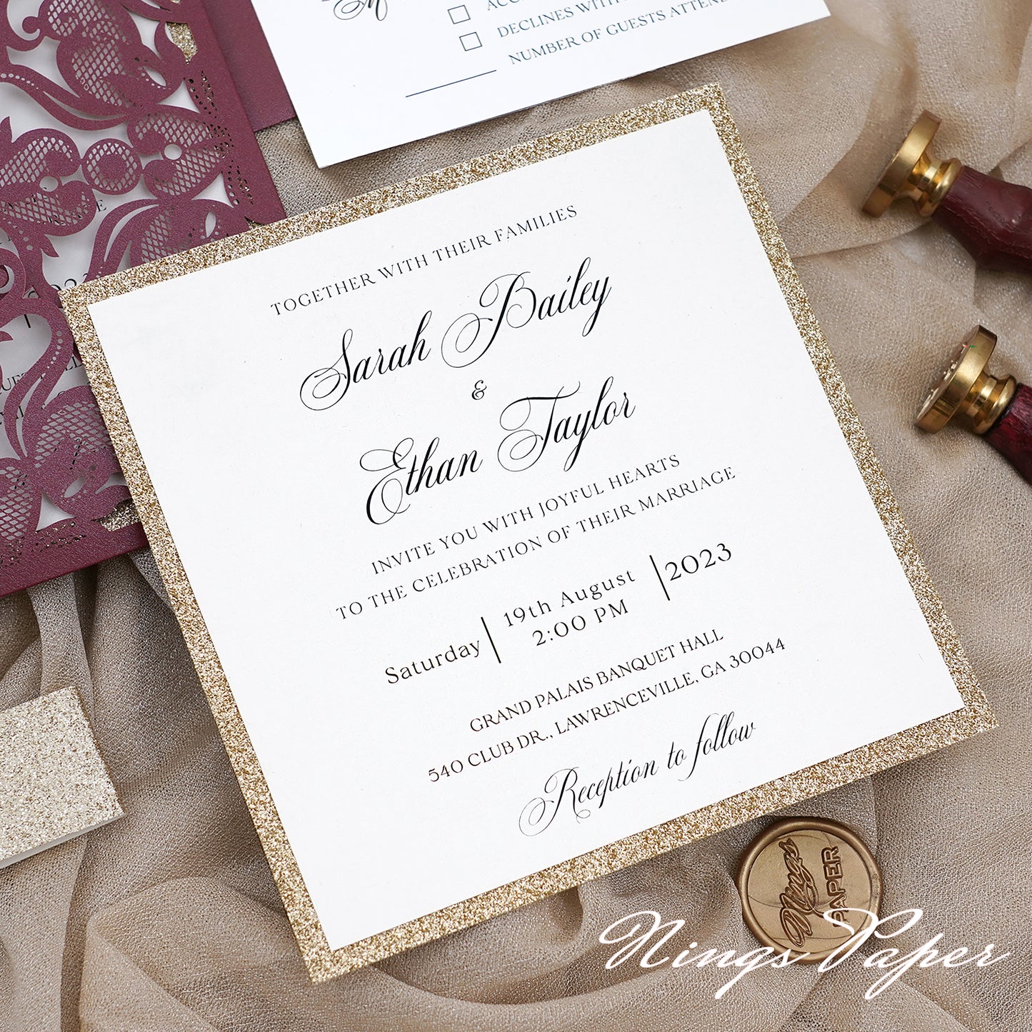 Gorgeous Shimmer Laser Cut Wedding Invites Pocket with Glitter Backer and Glitterring Belly Band