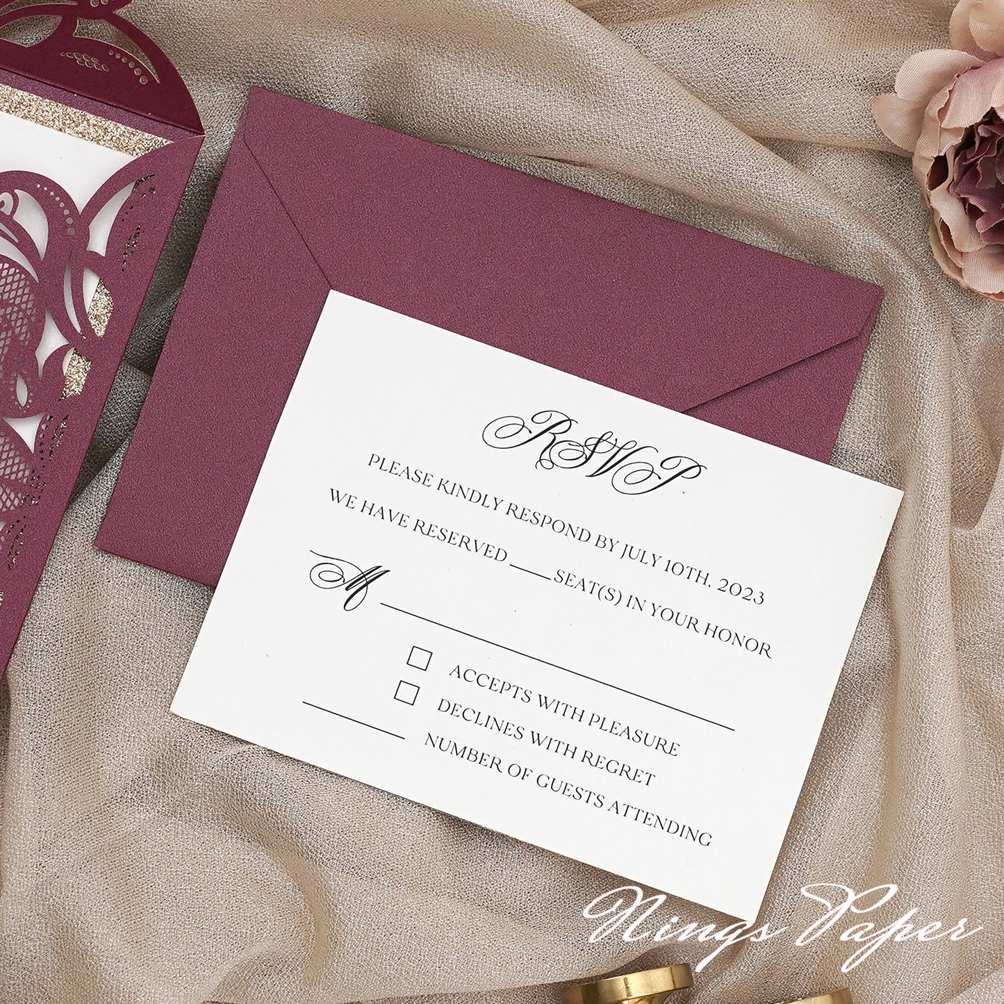 Gorgeous Burgundy Shimmer Laser Cut Wedding Invites Pocket with Glitter Backer and Glitterring Belly Band