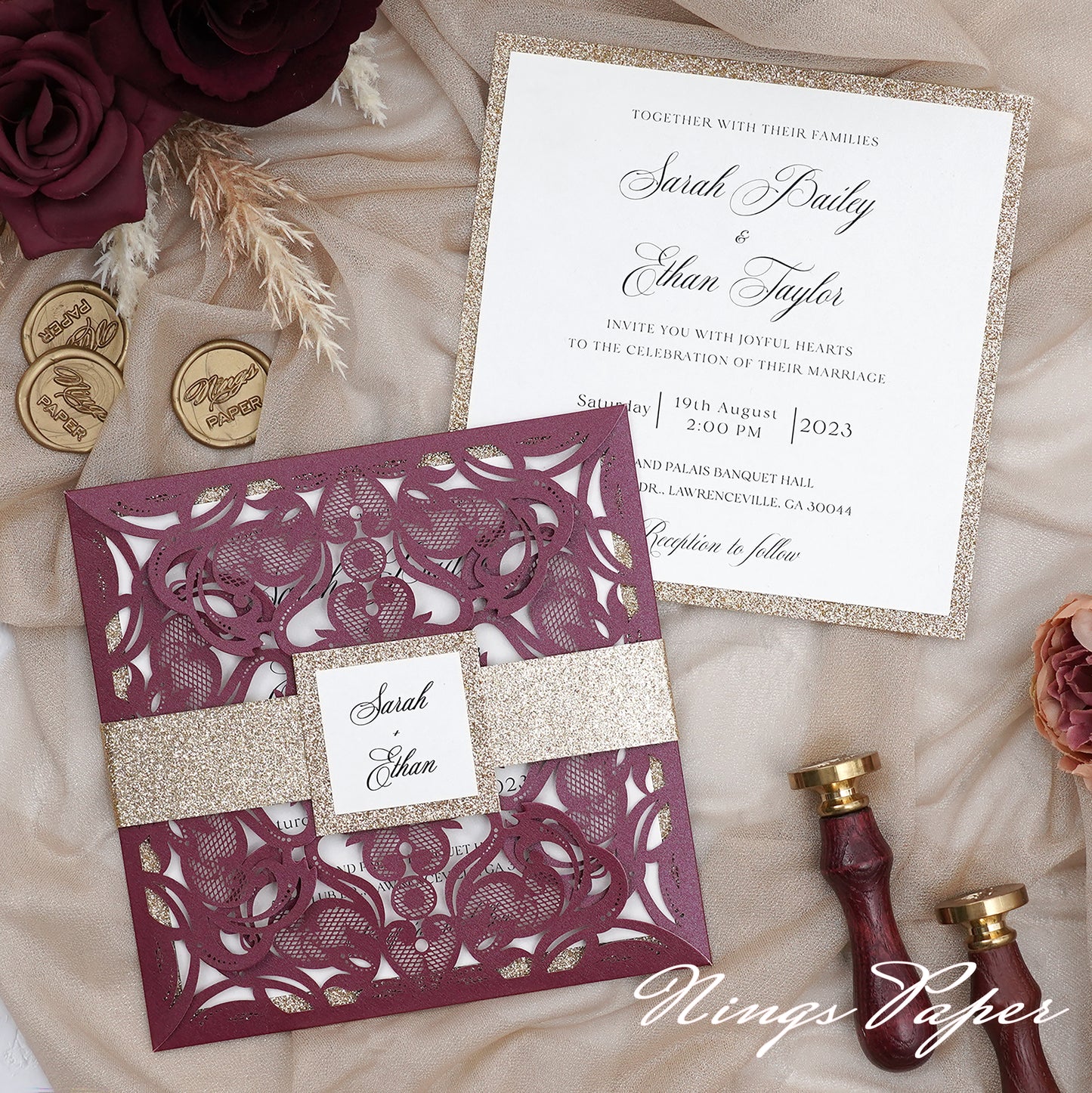 Gorgeous Burgundy Shimmer Laser Cut Wedding Invites Pocket with Glitter Backer and Glitterring Belly Band