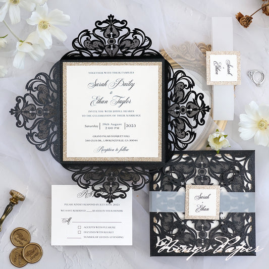 Gorgeous Black Shimmer Laser Cut Wedding Invites Pocket with Glitter Backer and Glitterring Belly Band
