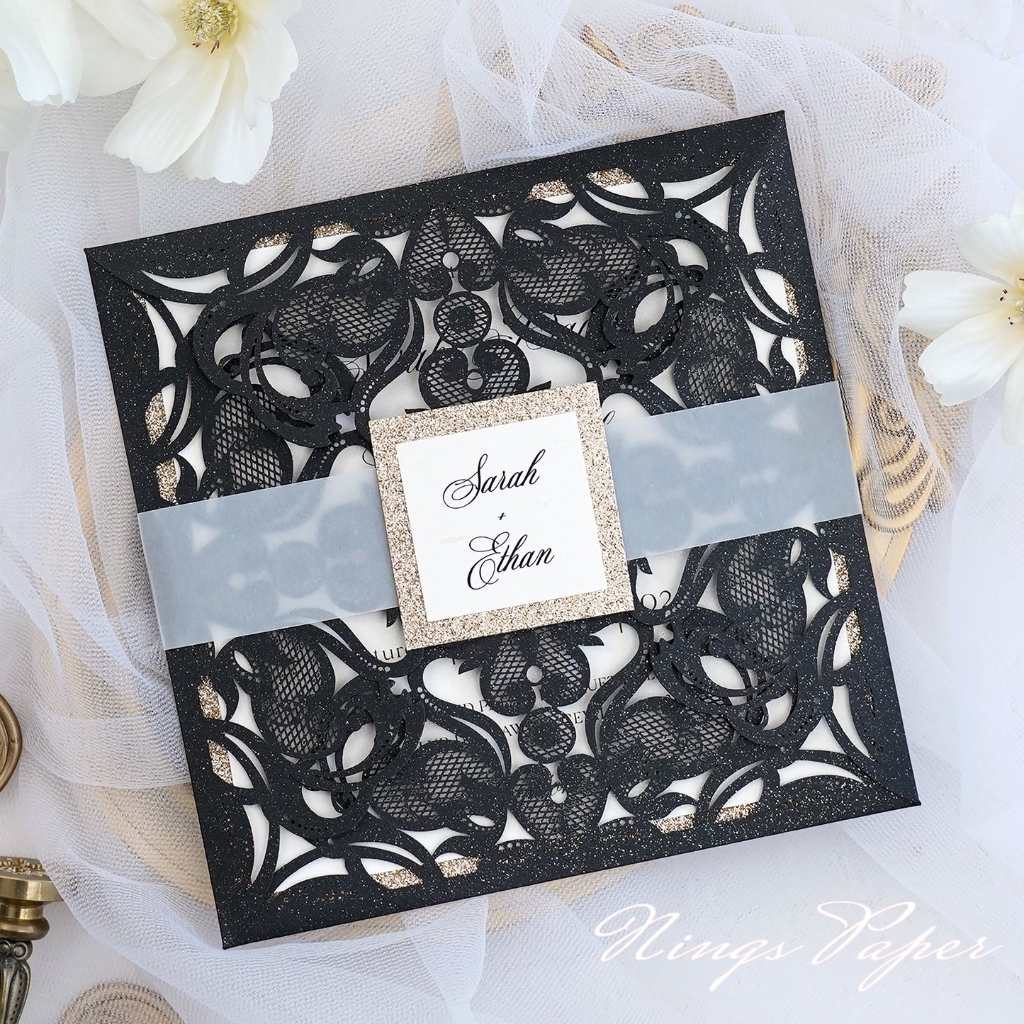 Gorgeous Black Shimmer Laser Cut Wedding Invites Pocket with Glitter Backer and Belly Band