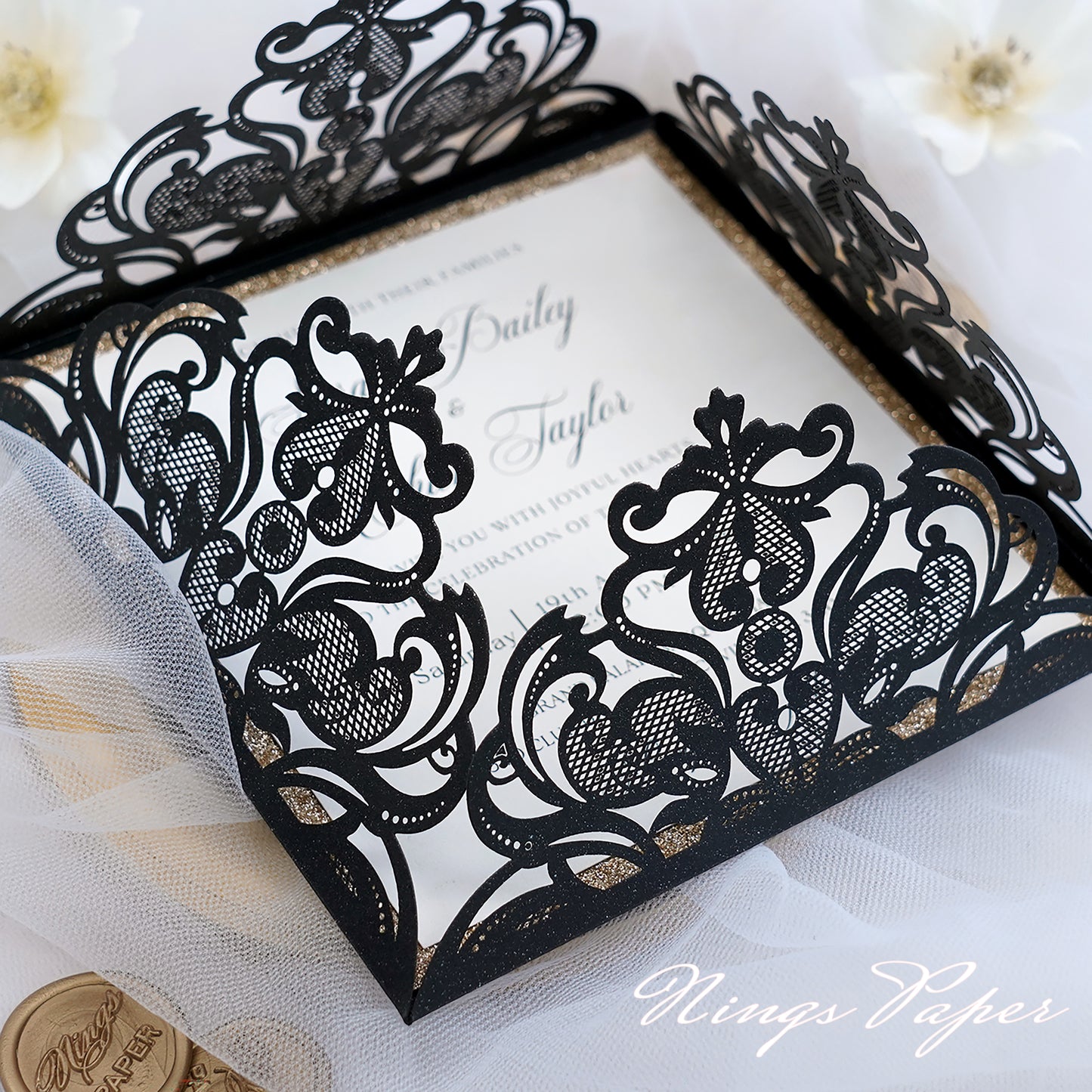 Gorgeous Black Shimmer Laser Cut Wedding Invites Pocket with Glitter Backer and Belly Band