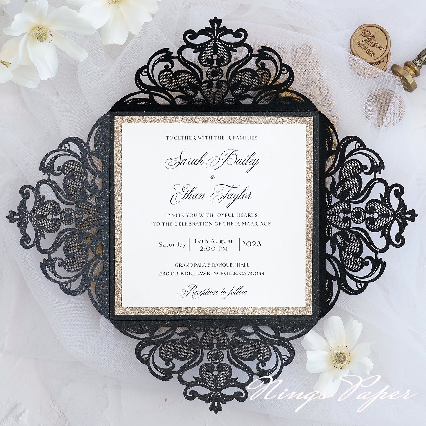 Gorgeous Black Shimmer Laser Cut Wedding Invites Pocket with Glitter Backer and Glitterring Belly Band