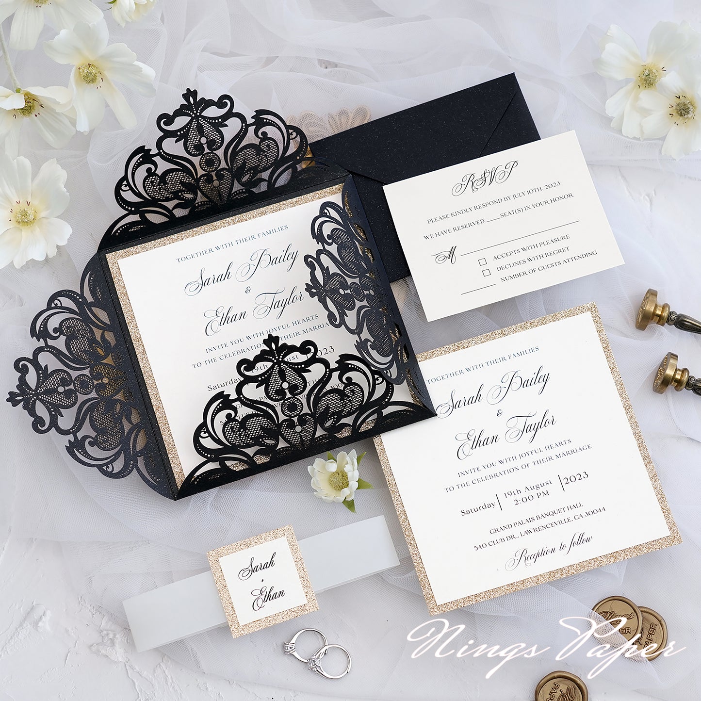 Gorgeous Black Shimmer Laser Cut Wedding Invites Pocket with Glitter Backer and Belly Band