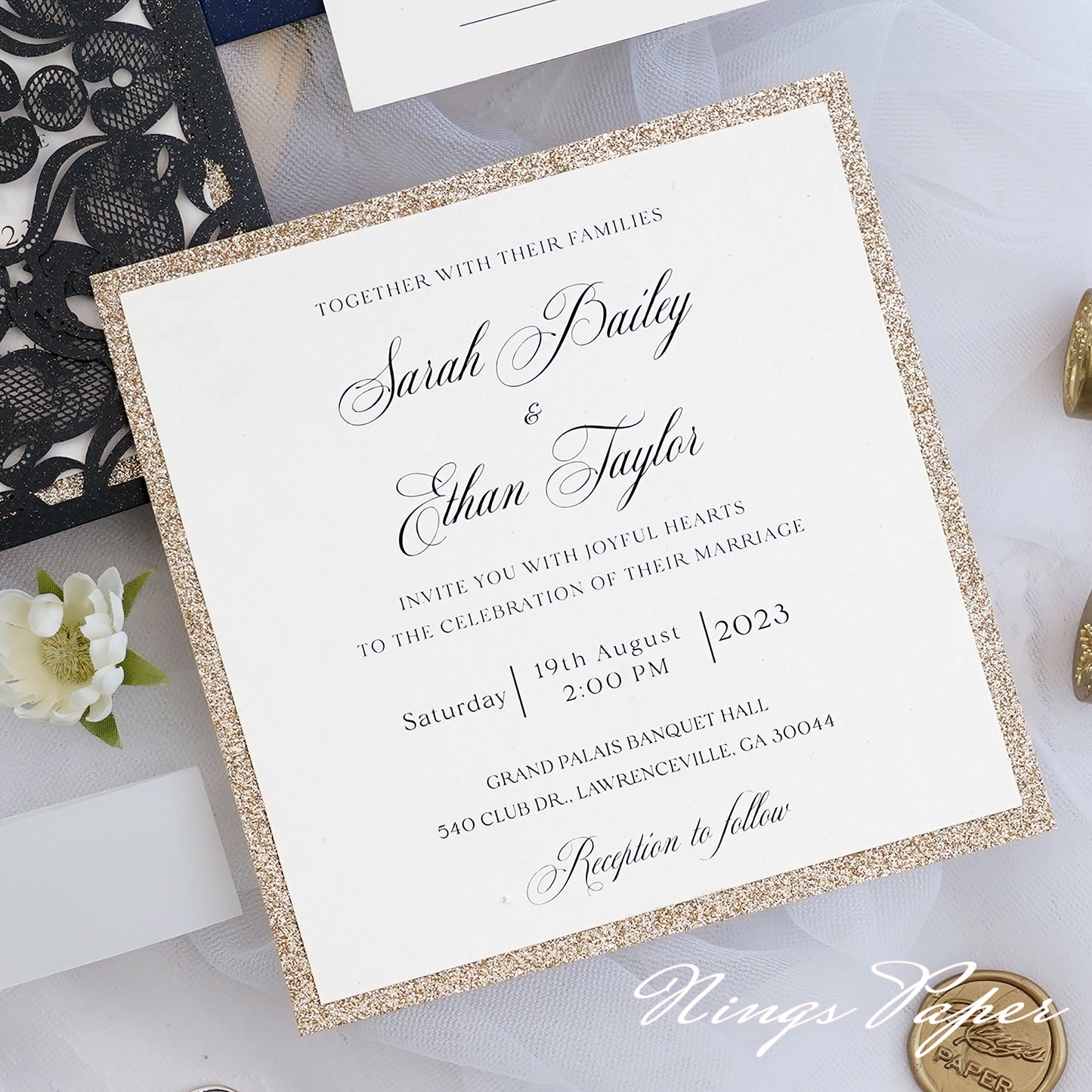 Gorgeous Black Shimmer Laser Cut Wedding Invites Pocket with Glitter Backer and Belly Band