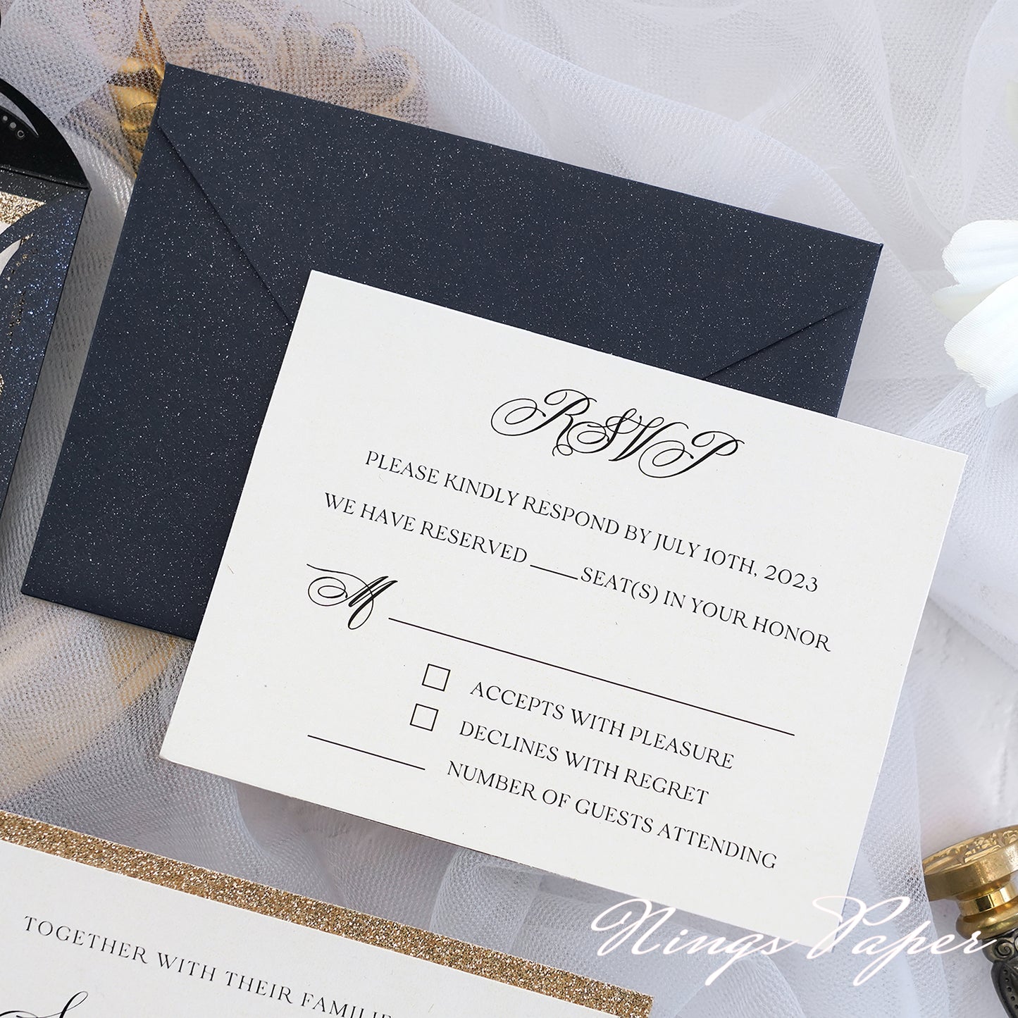 Gorgeous Black Shimmer Laser Cut Wedding Invites Pocket with Glitter Backer and Belly Band