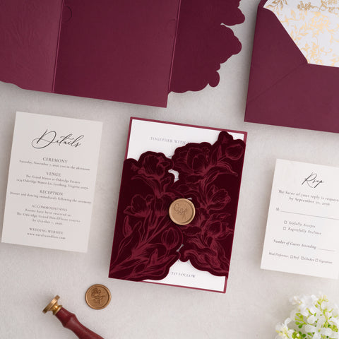 NingsPaper Burgundy Velvet Letterpress Pocket Wedding Invitation Suite