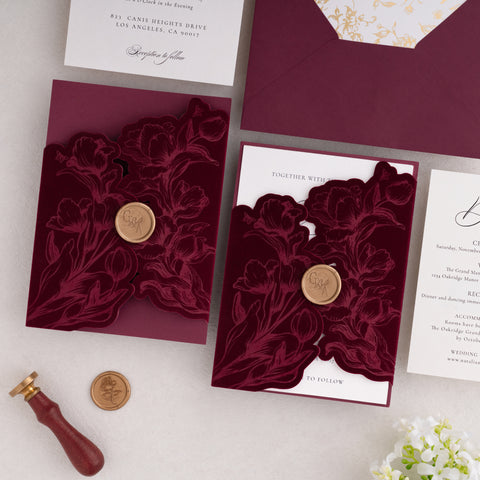NingsPaper Burgundy Velvet Letterpress Pocket Wedding Invitation Suite