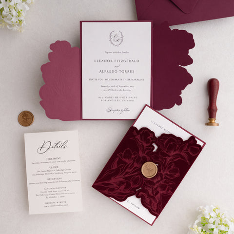 NingsPaper Burgundy Velvet Letterpress Pocket Wedding Invitation Suite