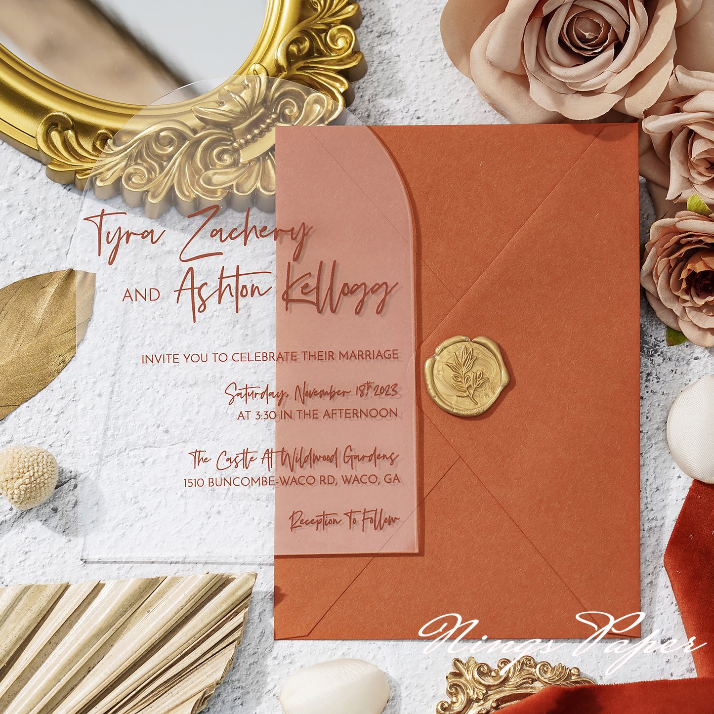 1mm/0.04" Unique Shape Clear Arch Acrylic Wedding Invitation Cards with Burnt Orange Envelope