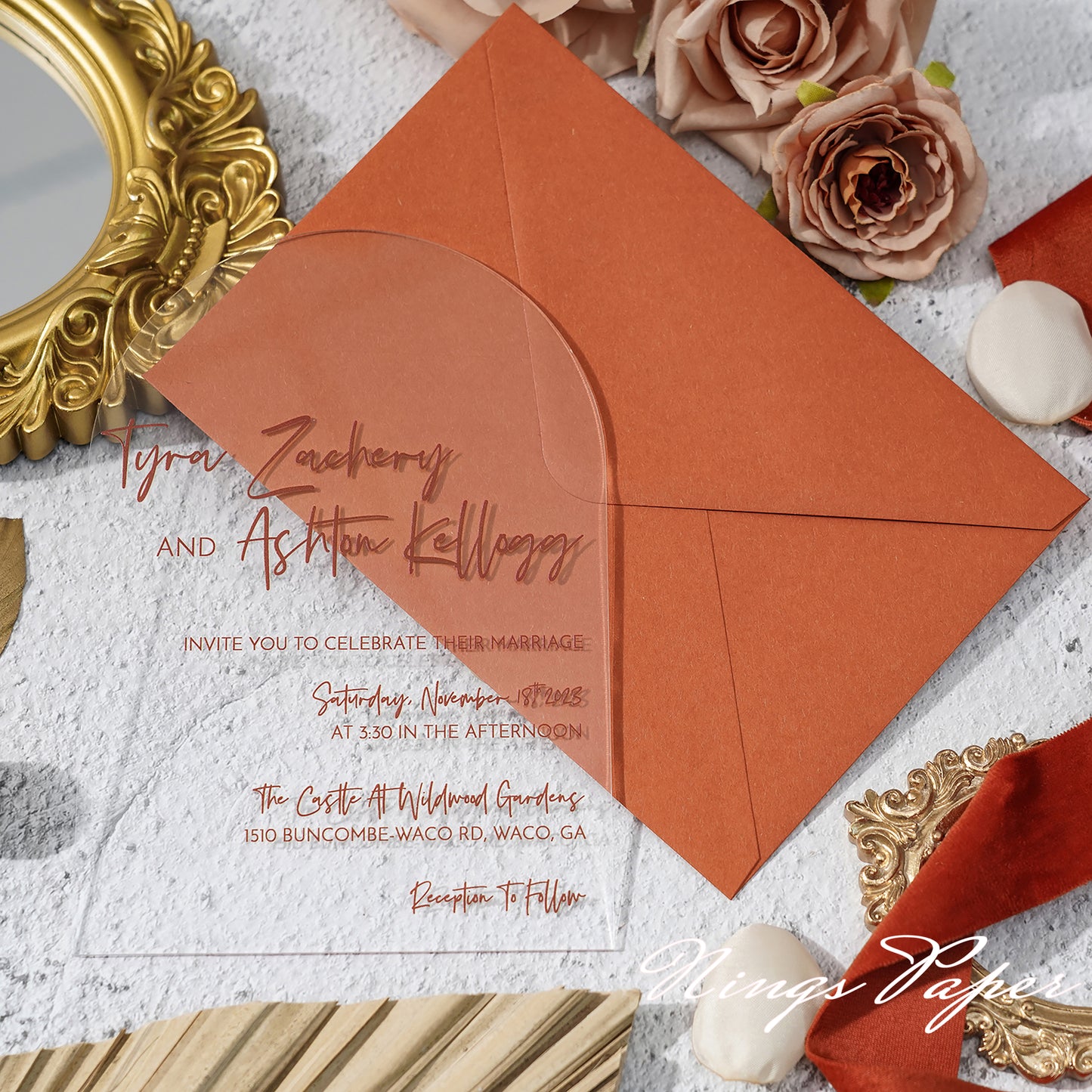 1mm/0.04" Unique Shape Clear Arch Acrylic Wedding Invitation Cards with Burnt Orange Envelope