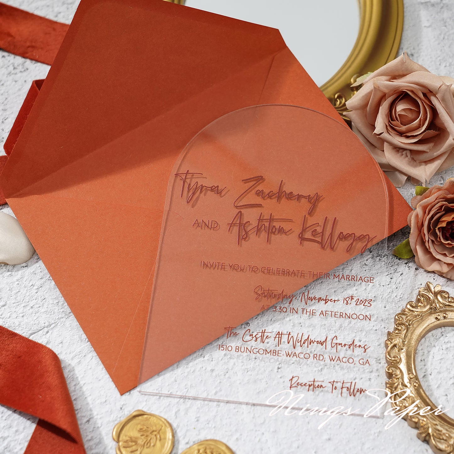 1mm/0.04" Unique Shape Clear Arch Acrylic Wedding Invitation Cards with Burnt Orange Envelope