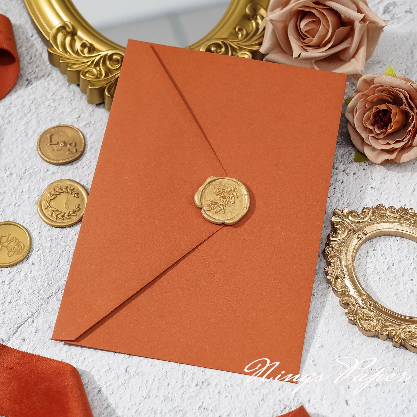 1mm/0.04" Unique Shape Clear Arch Acrylic Wedding Invitation Cards with Burnt Orange Envelope