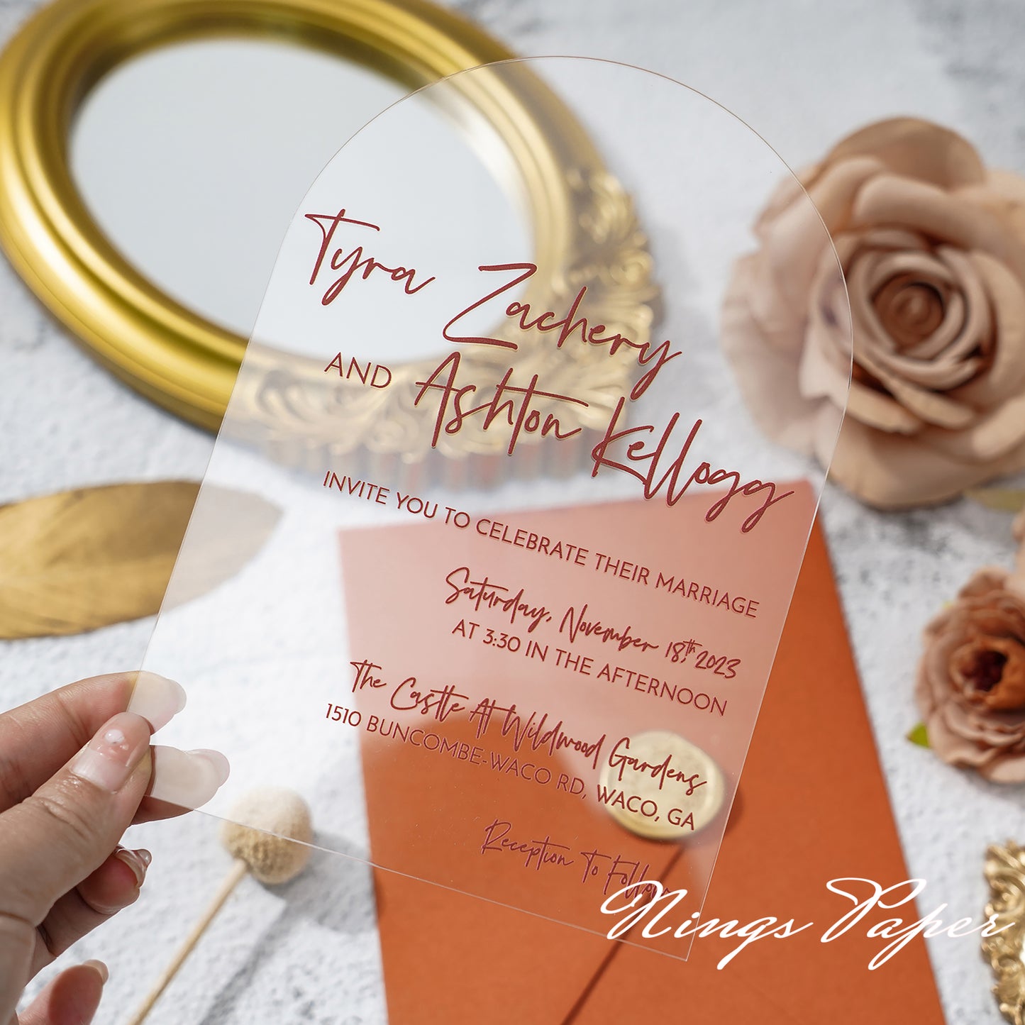 1mm/0.04" Unique Shape Clear Arch Acrylic Wedding Invitation Cards with Burnt Orange Envelope