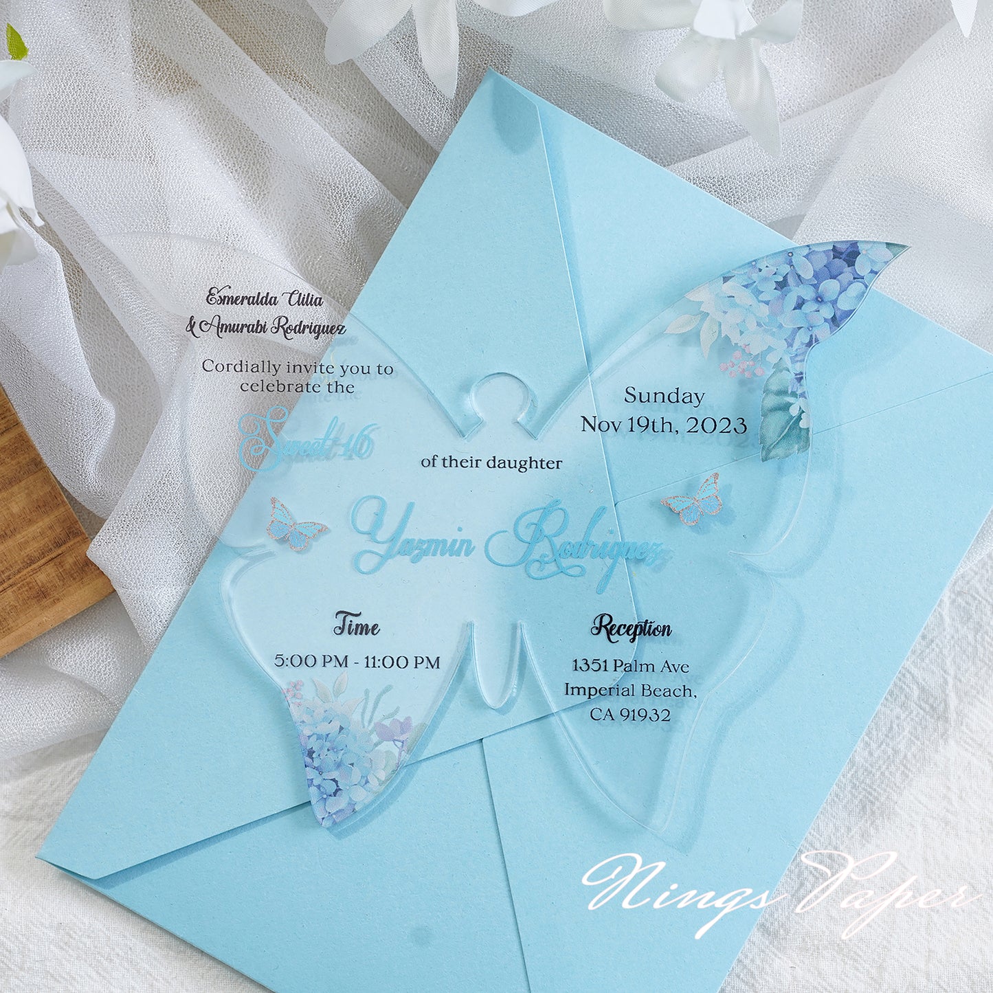 1mm/0.04" Baby Blue Butterfly Clear Acrylic Quinceanera Invitation Card with Envelope