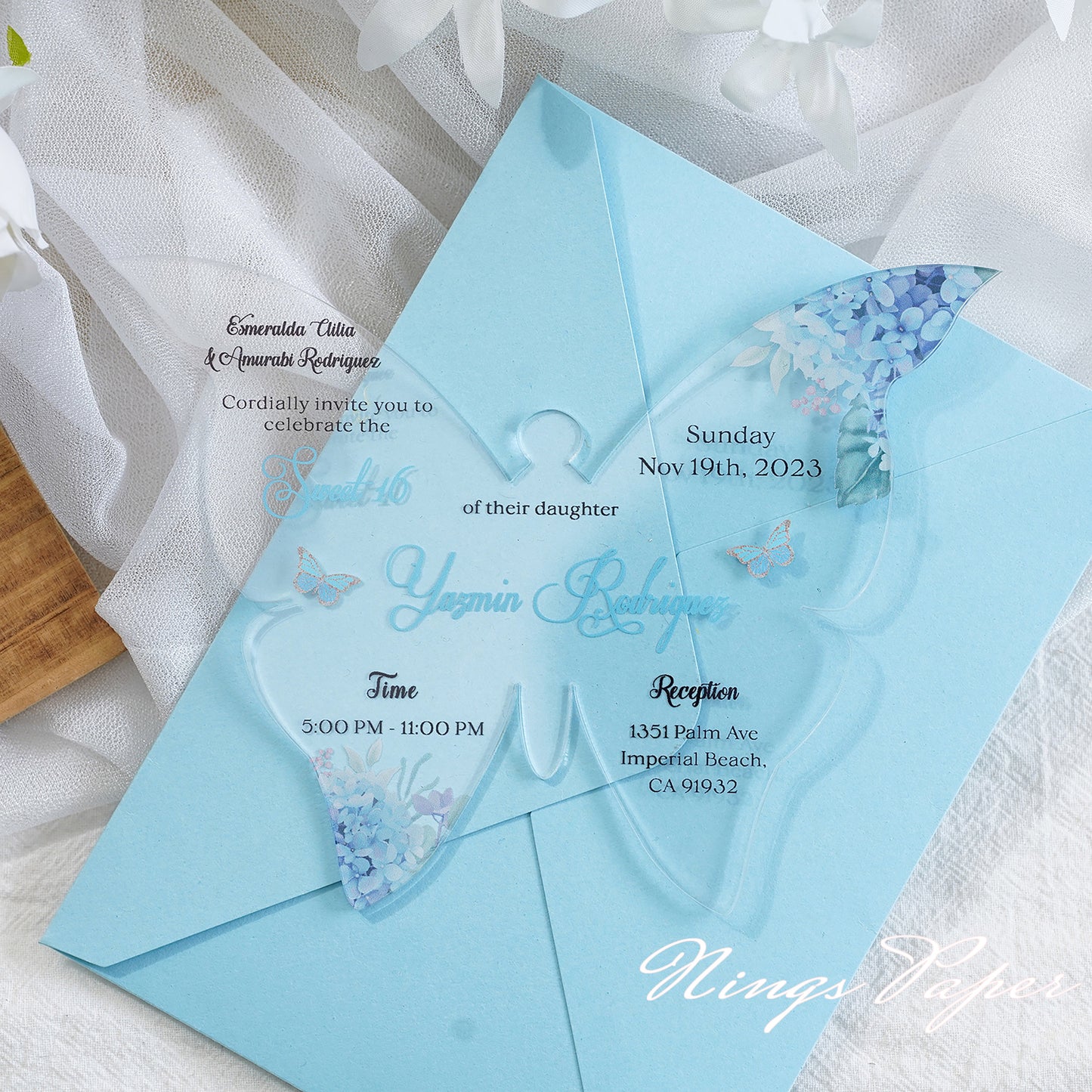 1mm/0.04" Baby Blue Butterfly Clear Acrylic Quinceanera Invitation Card with Envelope