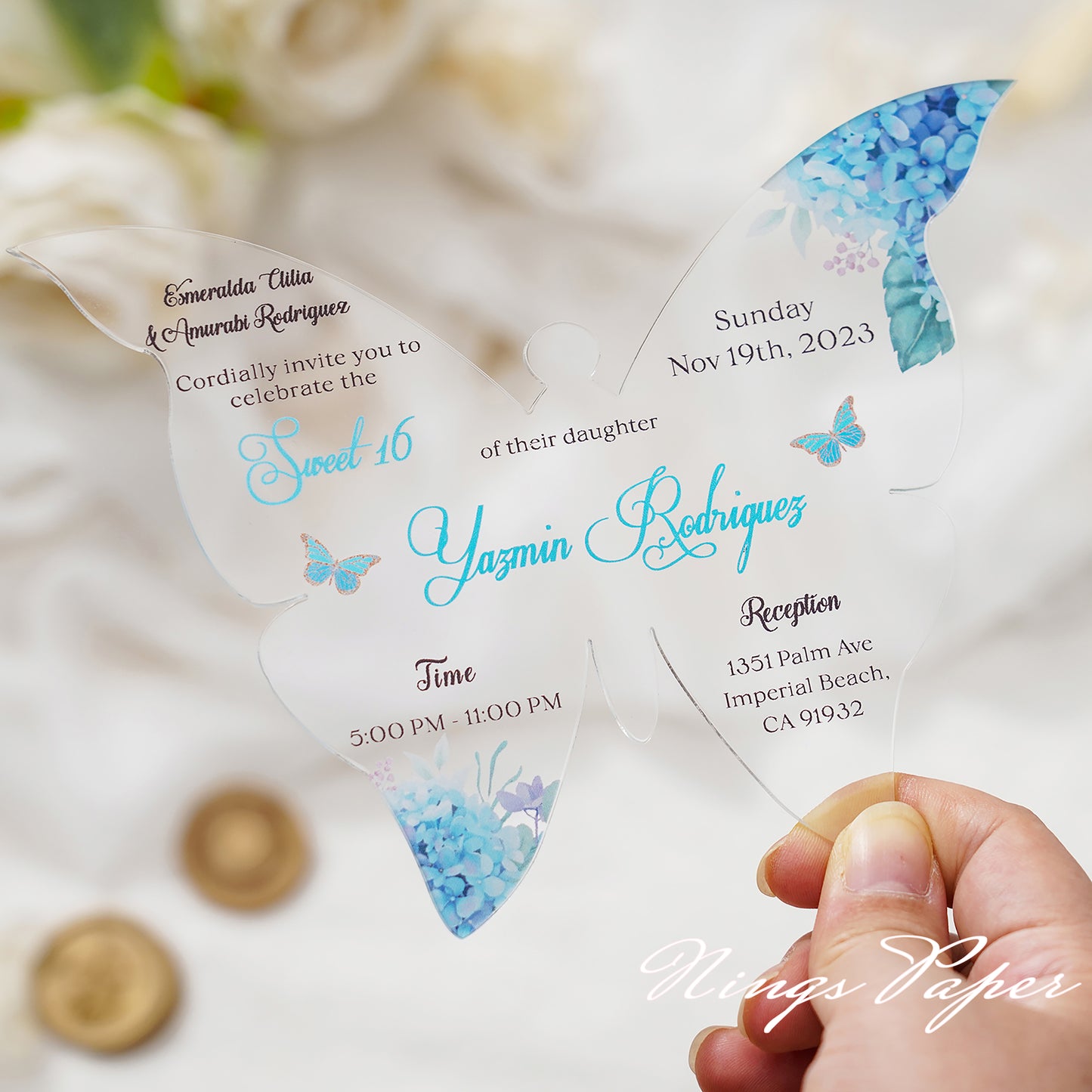 1mm/0.04" Baby Blue Butterfly Clear Acrylic Quinceanera Invitation Card with Envelope